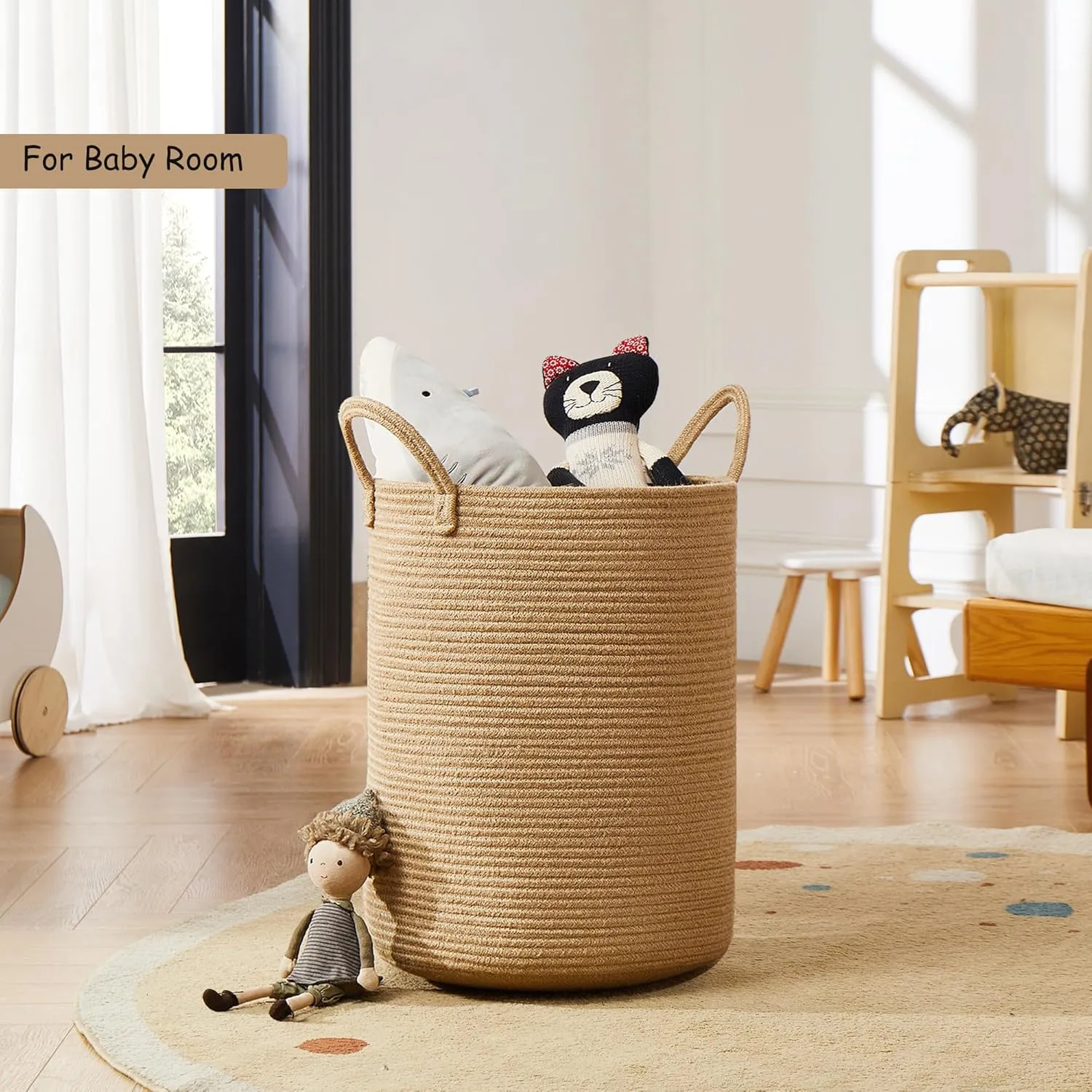15Dx20H inches Jute Woven Hamper Laundry Basket Wicker Rope Clothes Hamper for Baby Nursery Kids Tall Rattan Blanket Basket in Living Room Bedroom 60L Large Capacity