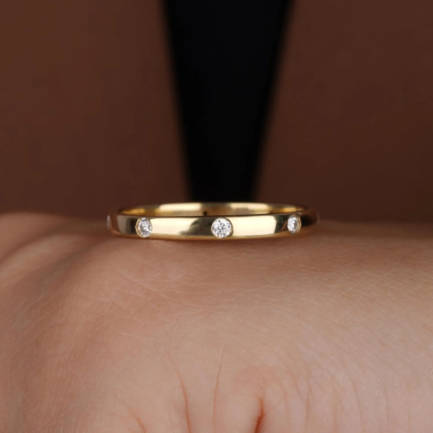 2.5MM Wide Flush Set Distance Cubic Zirconia or Moissanite Wedding Band for Women Modern Flat Dome Stacking Ring Dainty Minimalist Gypsy Ring Real Gold Eternity Rings for her Bridal Anniversary Band