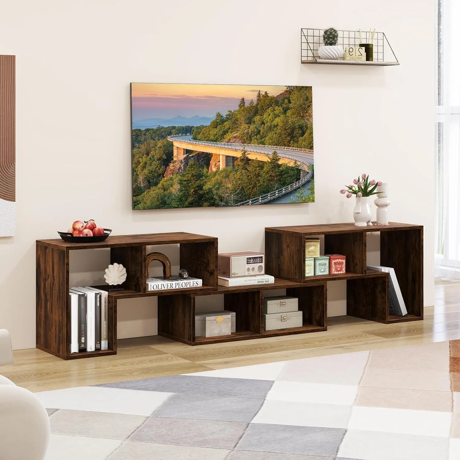 3 Pieces Console TV Stand, Free Combination Modern Entertainment Center for 50 55 60 65 Inch TV, Minimalist Media Stand with Open Storage Shelf for Bedroom, Living Room (Brown)