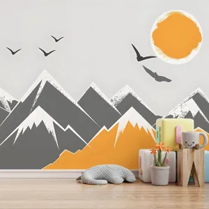 63x89.8inch Large Abstract Snowy Mountain Wall Decal Wall Art Print, Warm Earth Tones, Watercolor Mountain Sun Wallpaper Removable Wall Contact Paper Mural for Nusery Living Room Background
