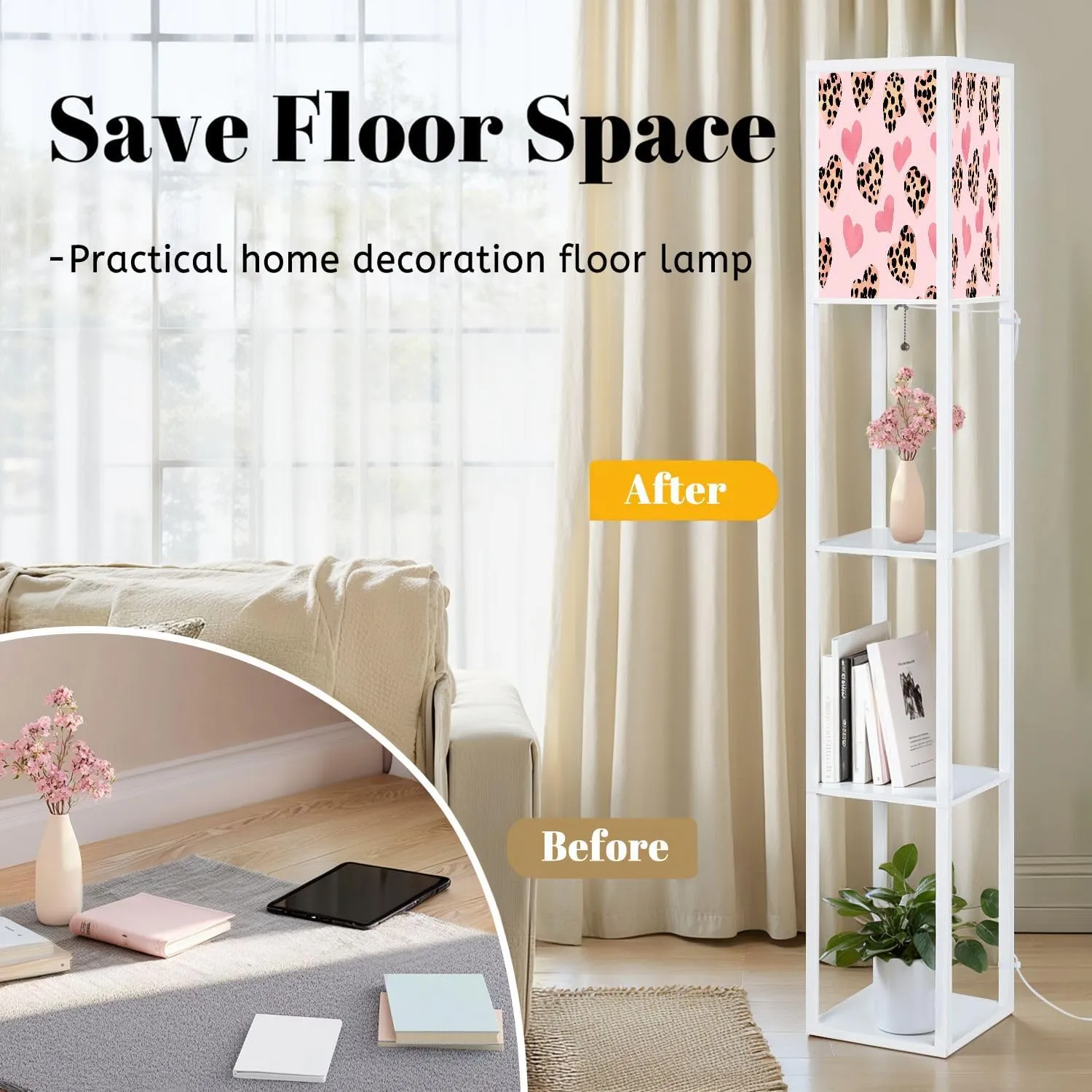 Abstract Hearts shaped Leopard skin seamless pattern pink flat for Floor Lamps with Shelves, Modern Standing Lamp Narrow Corner Display Bookshelf Lamp for Living Room, Bedroom, Office Decor