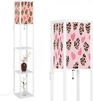 Abstract Hearts shaped Leopard skin seamless pattern pink flat for Floor Lamps with Shelves, Modern Standing Lamp Narrow Corner Display Bookshelf Lamp for Living Room, Bedroom, Office Decor