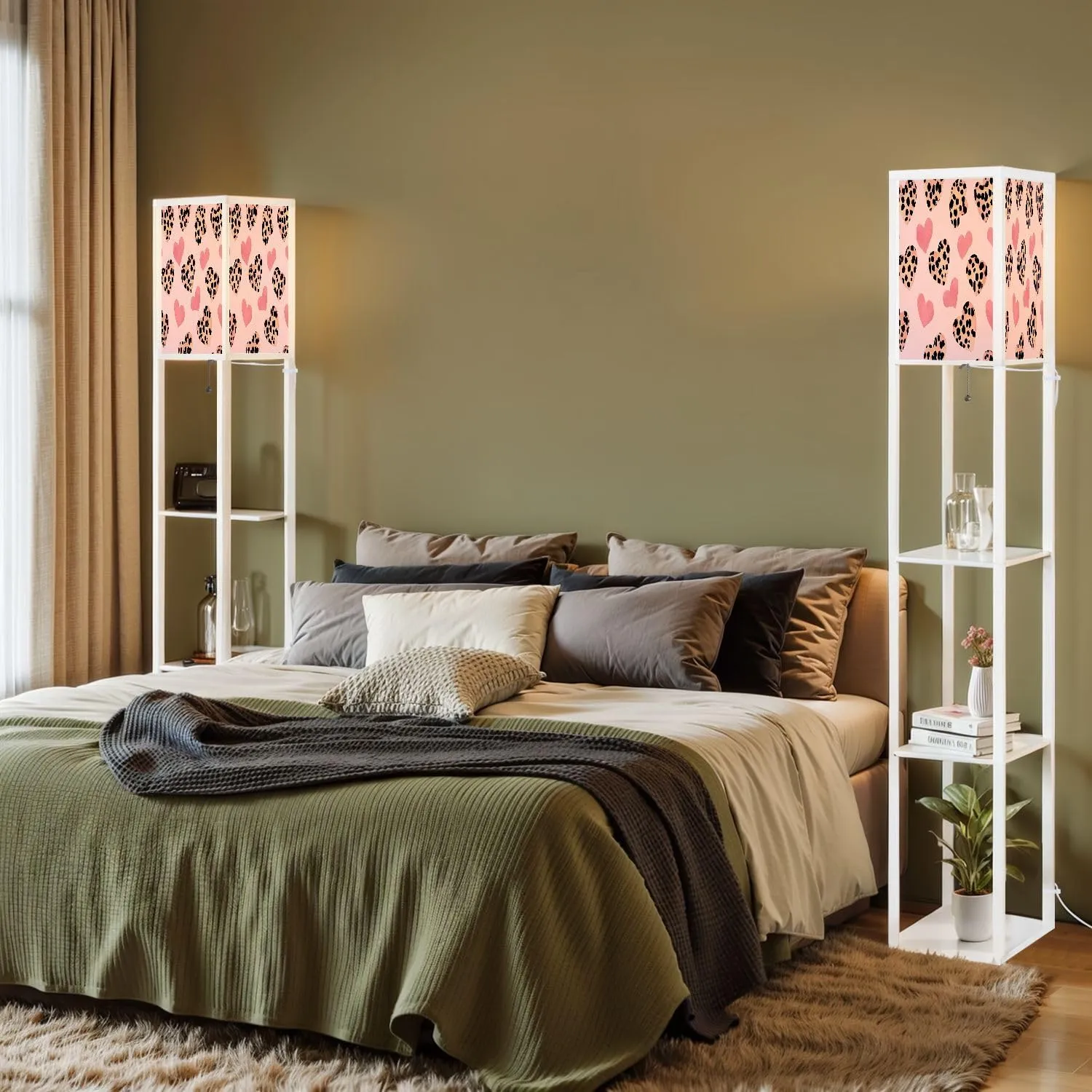 Abstract Hearts shaped Leopard skin seamless pattern pink flat for Floor Lamps with Shelves, Modern Standing Lamp Narrow Corner Display Bookshelf Lamp for Living Room, Bedroom, Office Decor