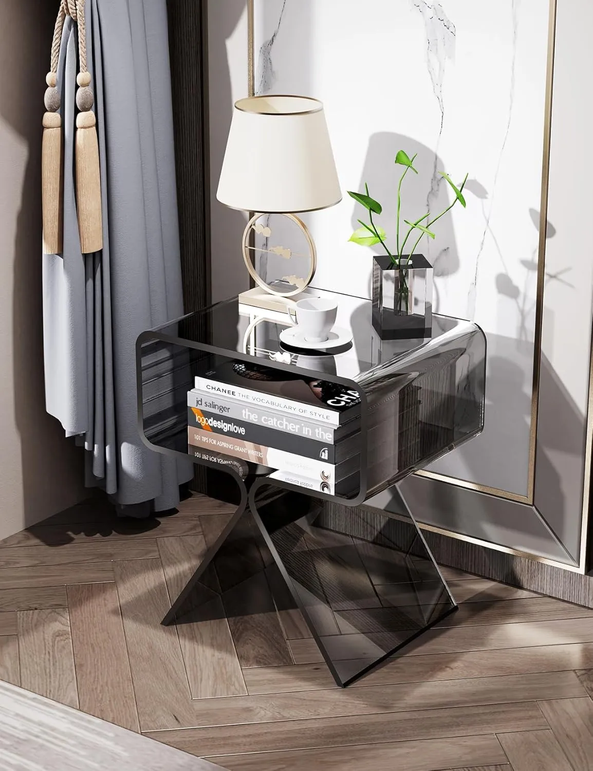 Acrylic Nightstand Side Table Modern Design Clear Home Decor Display End Table for Living Room (Black)