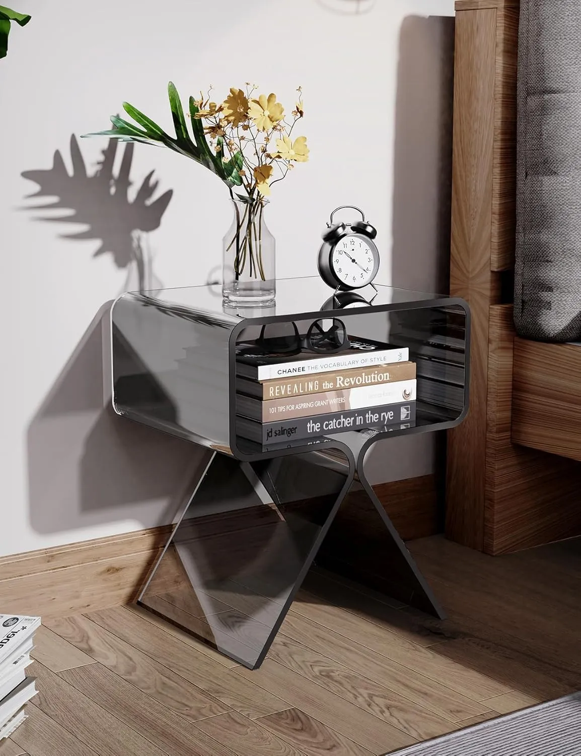 Acrylic Nightstand Side Table Modern Design Clear Home Decor Display End Table for Living Room (Black)