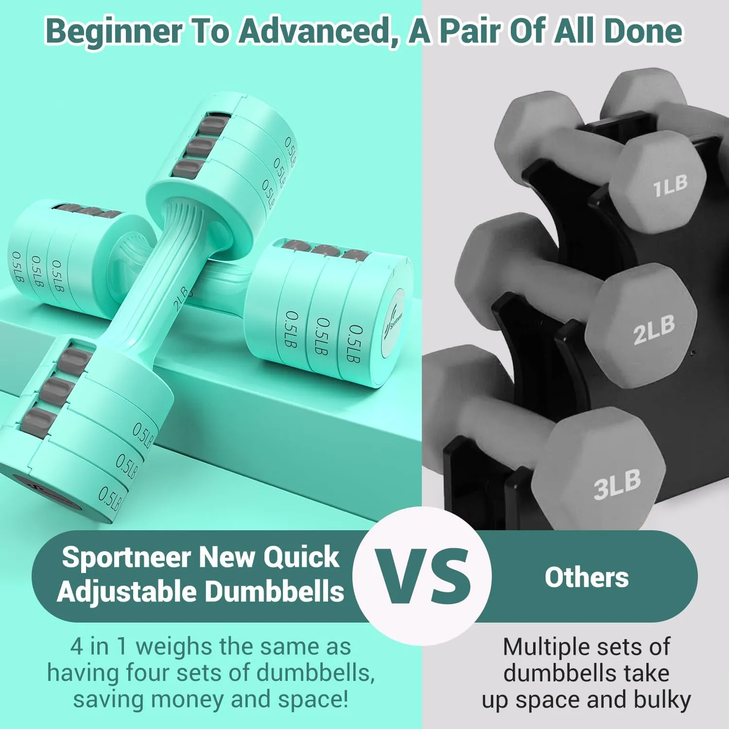 Adjustable Dumbbells Hand Weights Set: Sportneer 5 lb Dumbbell Set of 2 Each 2lb 3lb 4lb 5lb Free Weights Fast Adjust Weight 4 In 1 Weights Dumbbells Set for Women Men Home Gym Exercise Training