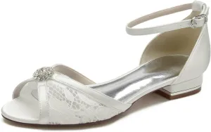 ADMLZQQ Women's Lace Peep Toe Dress Pumps D'Orsay Satin Ankle Strap Ballet Flats