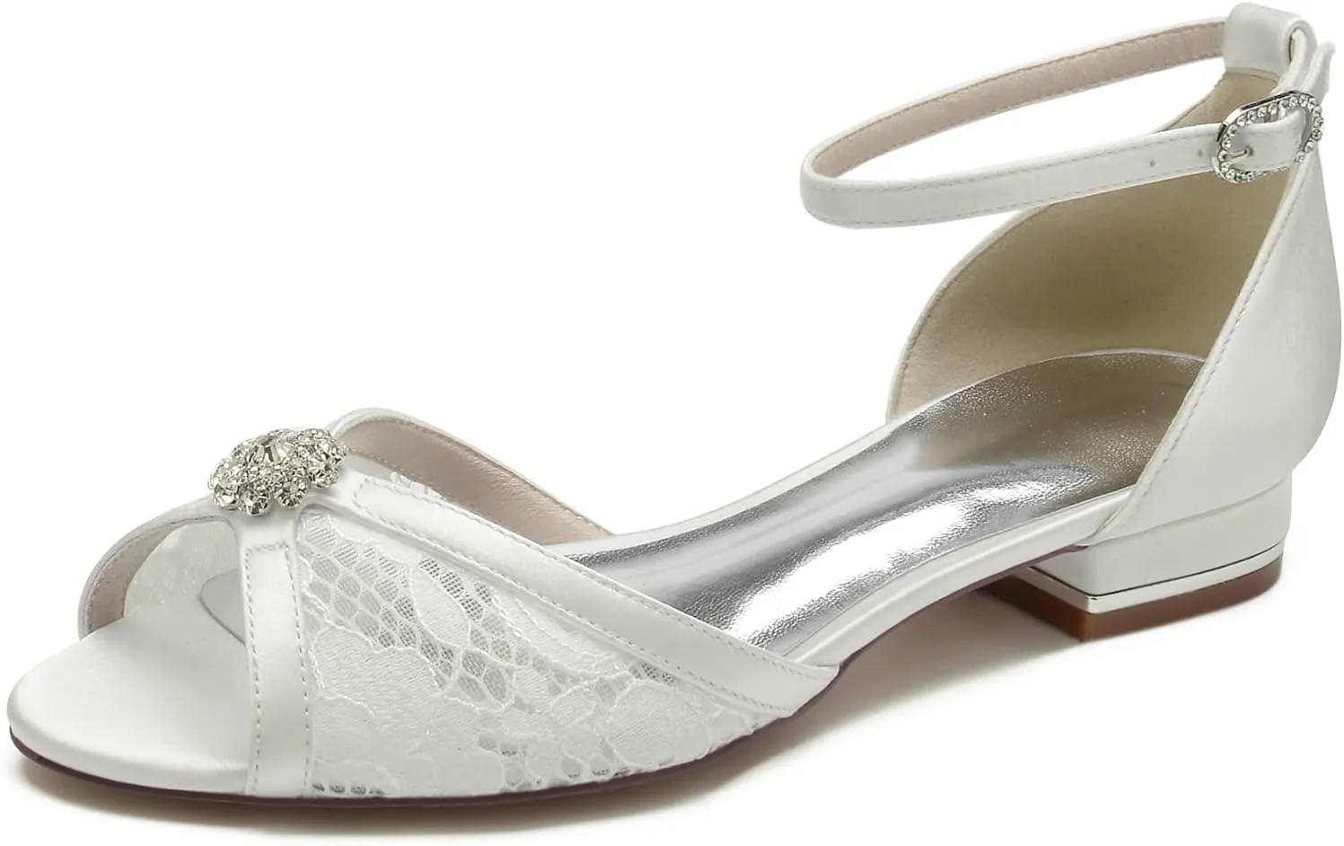 ADMLZQQ Women's Lace Peep Toe Dress Pumps D'Orsay Satin Ankle Strap Ballet Flats