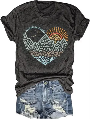 Adventure Awaits Outdoor Graphic T Shirt Women Retro Colorful Print Tees Hike Mountain Nature Travel Shirt Workout Tops