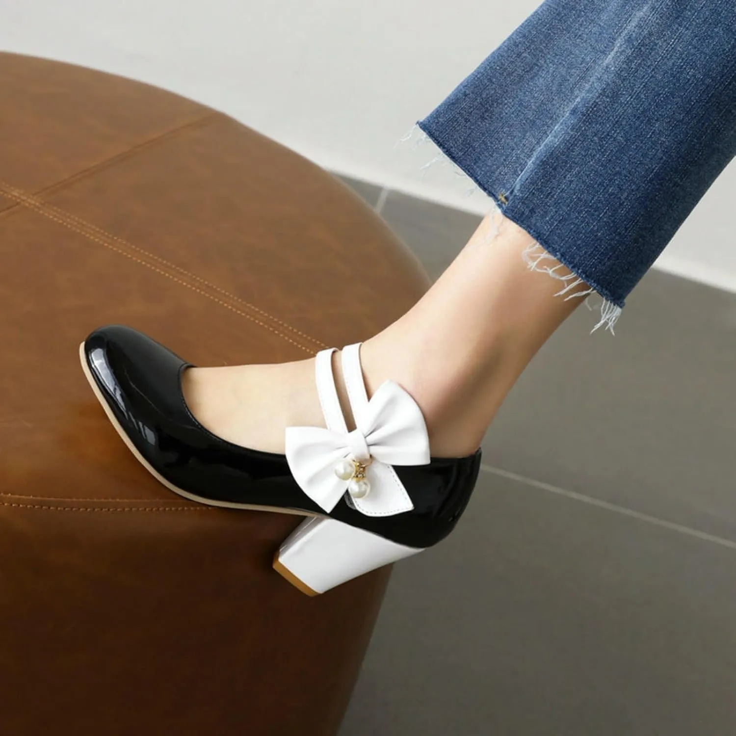 Aflngle Womens Bow Mary Jane Shoes Round Toe Low Closed Chunky Block Heels Sweet Ankle Strap Wedding Evening Party Dress Dating Pumps