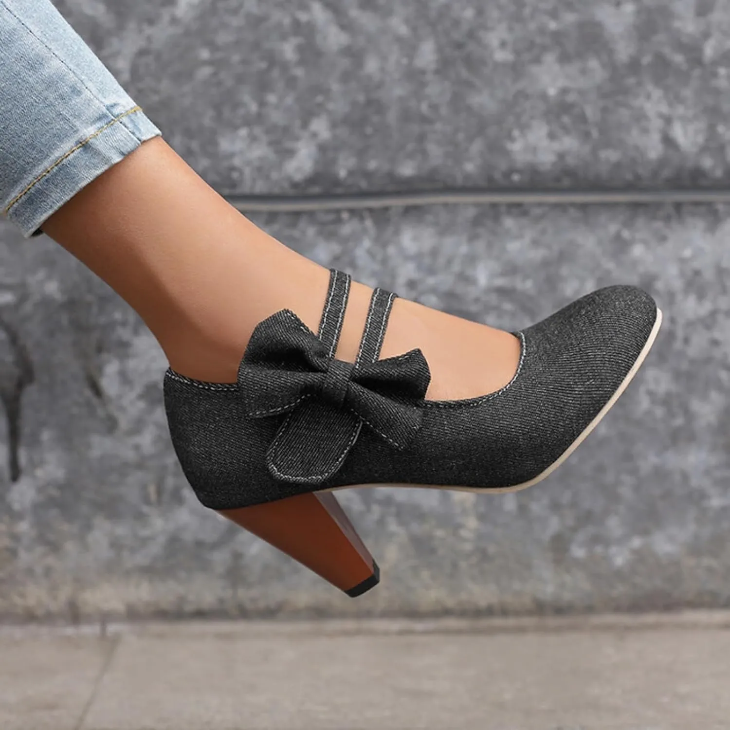 Aflngle Womens Bow Mary Jane Shoes Round Toe Low Closed Chunky Block Heels Sweet Ankle Strap Wedding Evening Party Dress Dating Pumps