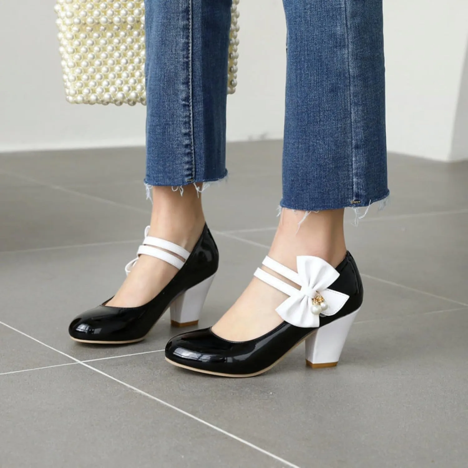 Aflngle Womens Bow Mary Jane Shoes Round Toe Low Closed Chunky Block Heels Sweet Ankle Strap Wedding Evening Party Dress Dating Pumps