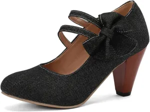 Aflngle Womens Bow Mary Jane Shoes Round Toe Low Closed Chunky Block Heels Sweet Ankle Strap Wedding Evening Party Dress Dating Pumps