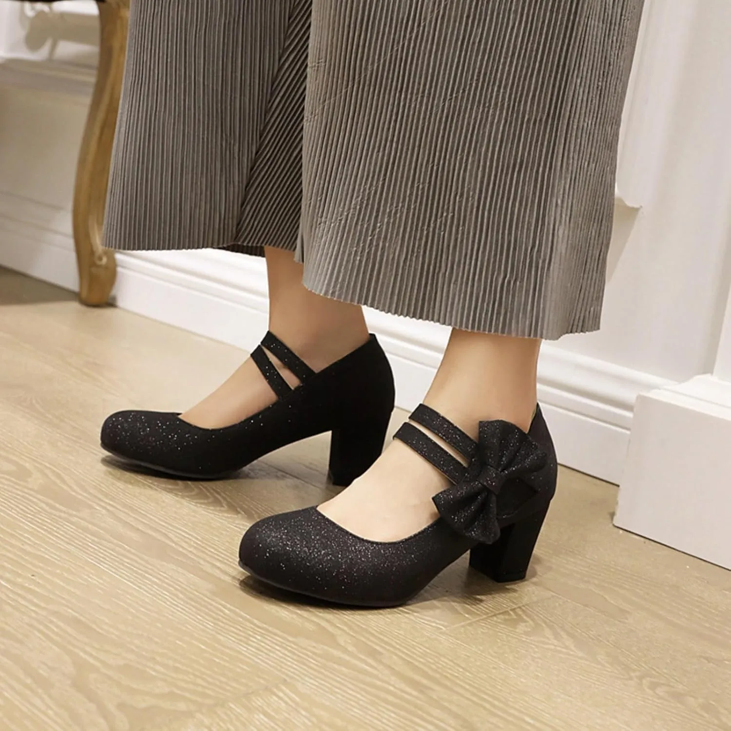 Aflngle Womens Bow Mary Jane Shoes Round Toe Low Closed Chunky Block Heels Sweet Ankle Strap Wedding Evening Party Dress Dating Pumps