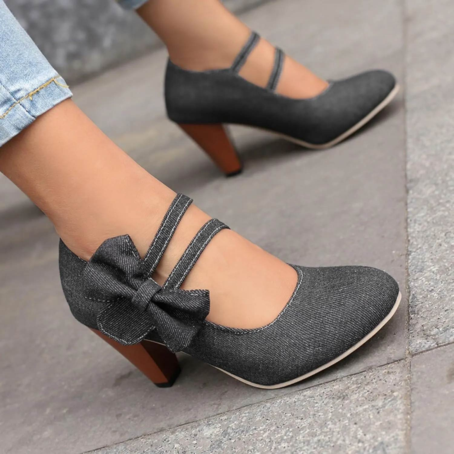 Aflngle Womens Bow Mary Jane Shoes Round Toe Low Closed Chunky Block Heels Sweet Ankle Strap Wedding Evening Party Dress Dating Pumps