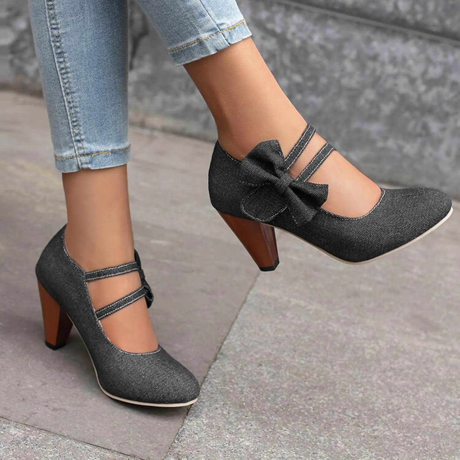 Aflngle Womens Bow Mary Jane Shoes Round Toe Low Closed Chunky Block Heels Sweet Ankle Strap Wedding Evening Party Dress Dating Pumps