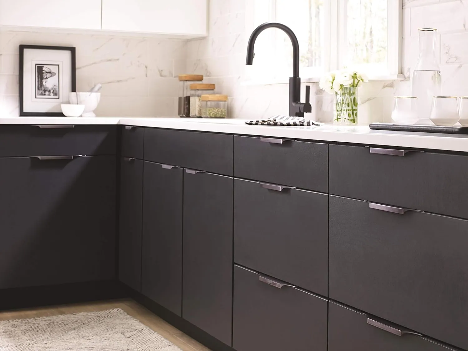 Amerock | Cabinet Edge Pull | Black Chrome | 8-9/16 inch (217 mm) Center to Center | Extent | 1 Pack | Drawer Pull | Drawer Handle | Cabinet Hardware