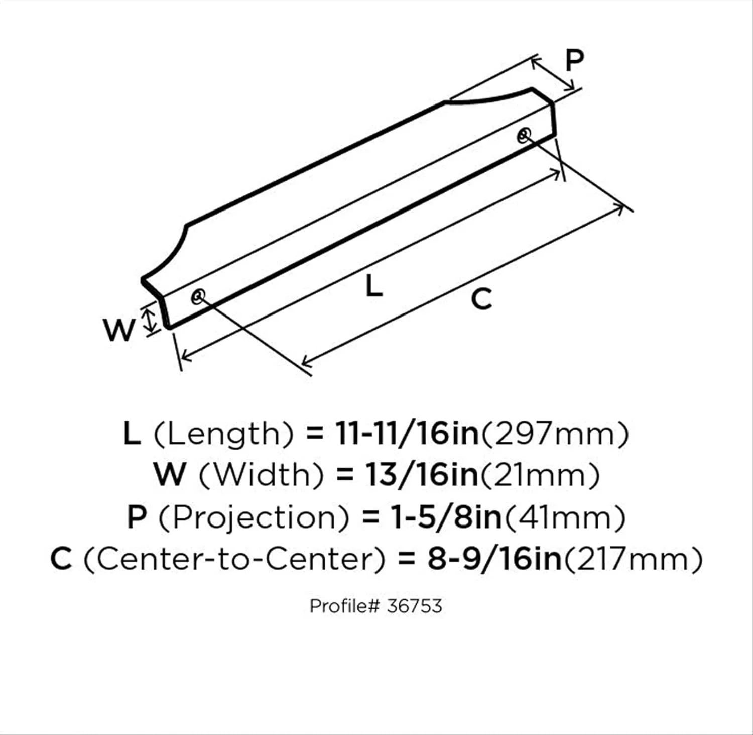 Amerock | Cabinet Edge Pull | Black Chrome | 8-9/16 inch (217 mm) Center to Center | Extent | 1 Pack | Drawer Pull | Drawer Handle | Cabinet Hardware