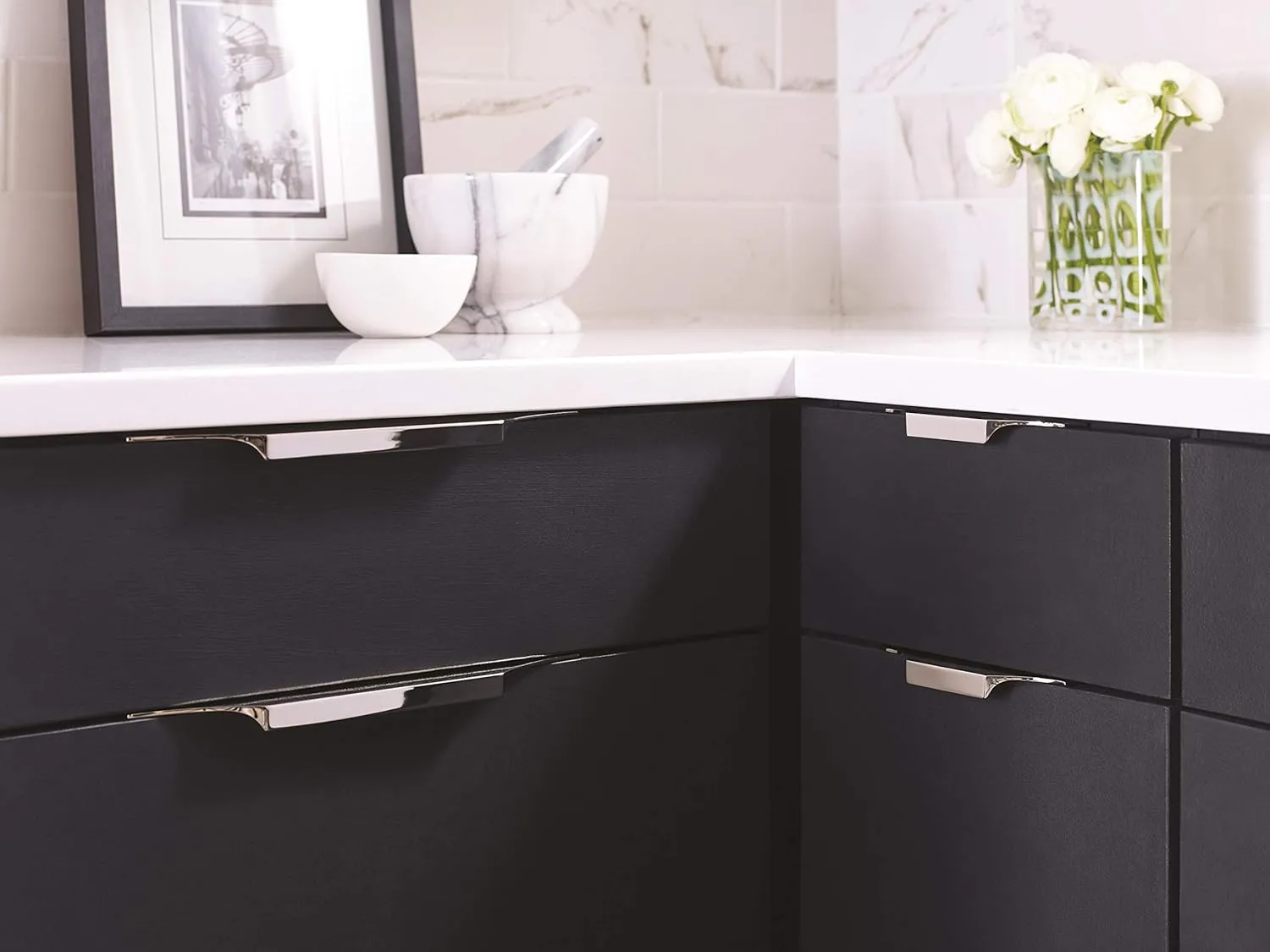 Amerock | Cabinet Edge Pull | Polished Nickel | 8-9/16 inch (217 mm) Center to Center | Extent | 1 Pack | Drawer Pull | Drawer Handle | Cabinet Hardware