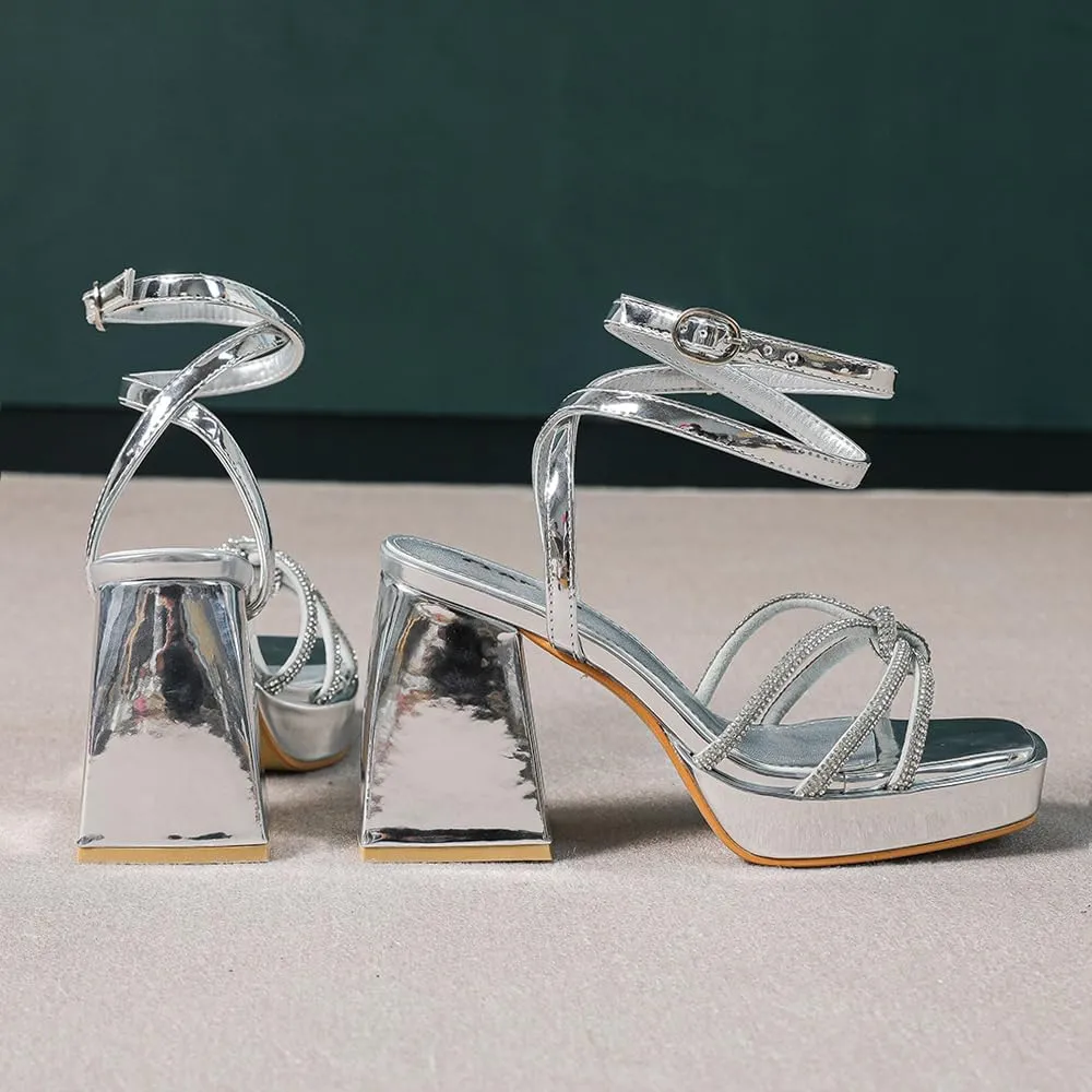 Amoji Women's 4 Inch Rhinestone Block Platform Heeled Sandal Wedding Party 316
