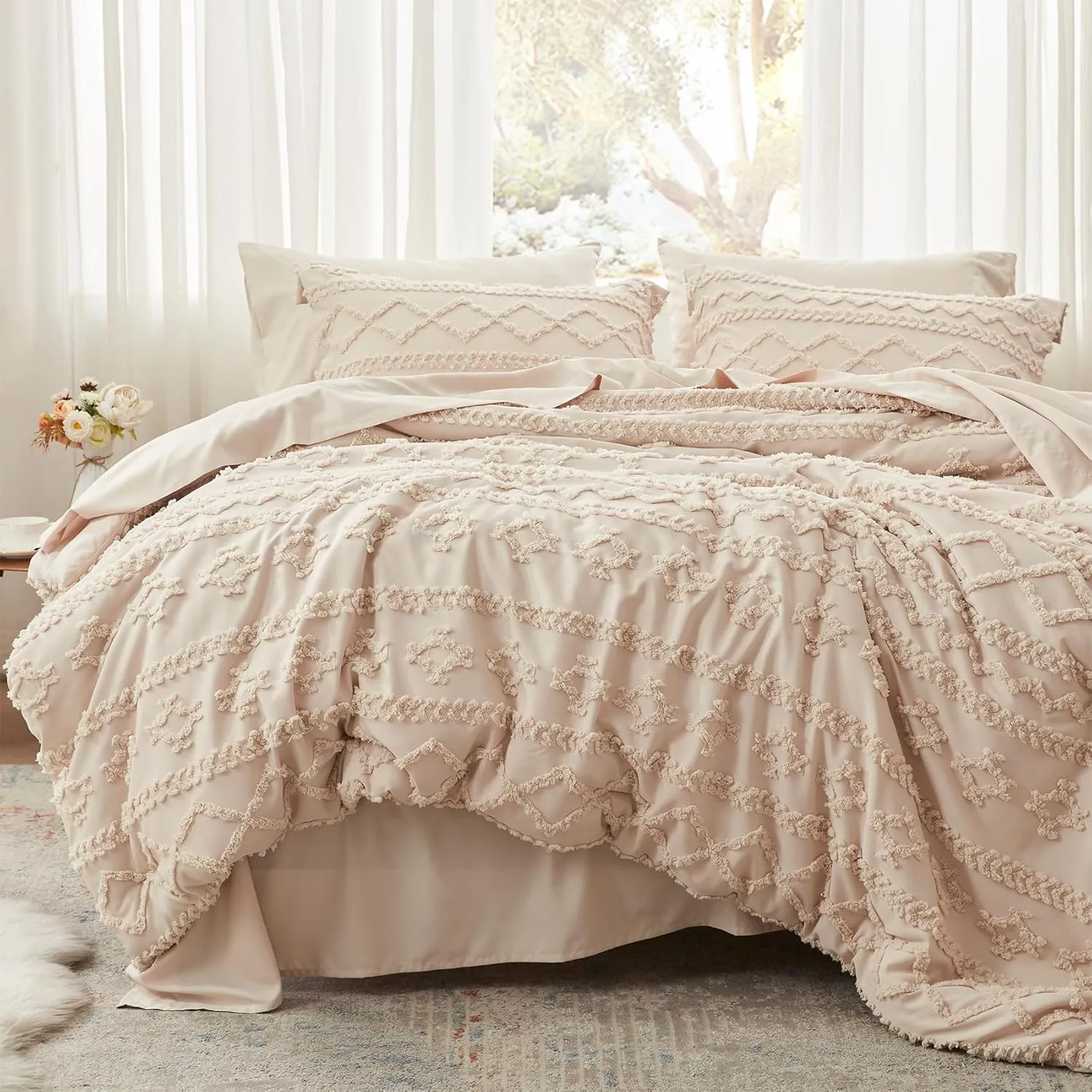 Anluoer Full Comforter Set 7 Pieces, Beige Tufted Bed in a Bag with Comforters, Pillow Shams, Pillowcases, Flat Sheet, Fitted Sheet - All Season Bedding