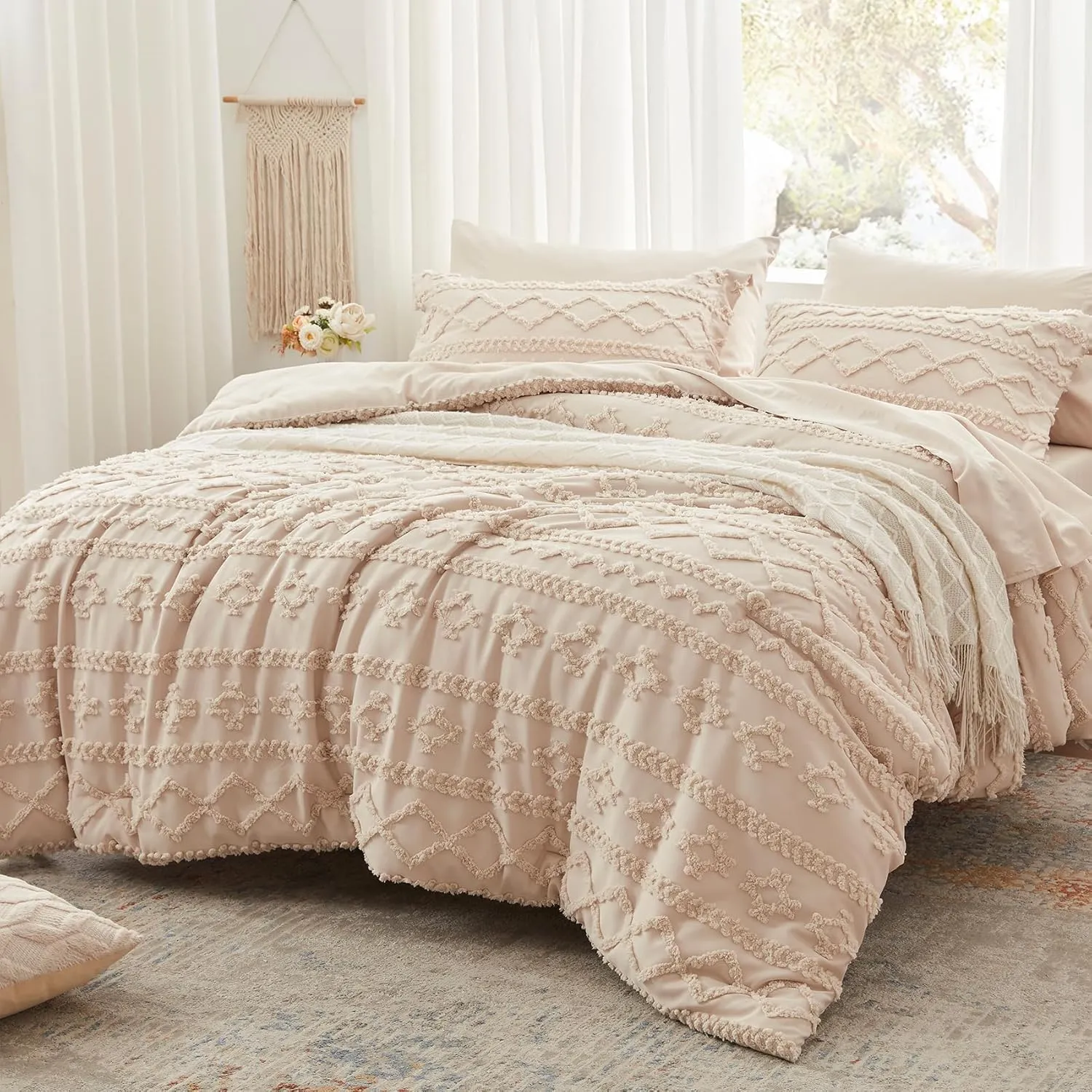 Anluoer Full Comforter Set 7 Pieces, Beige Tufted Bed in a Bag with Comforters, Pillow Shams, Pillowcases, Flat Sheet, Fitted Sheet - All Season Bedding