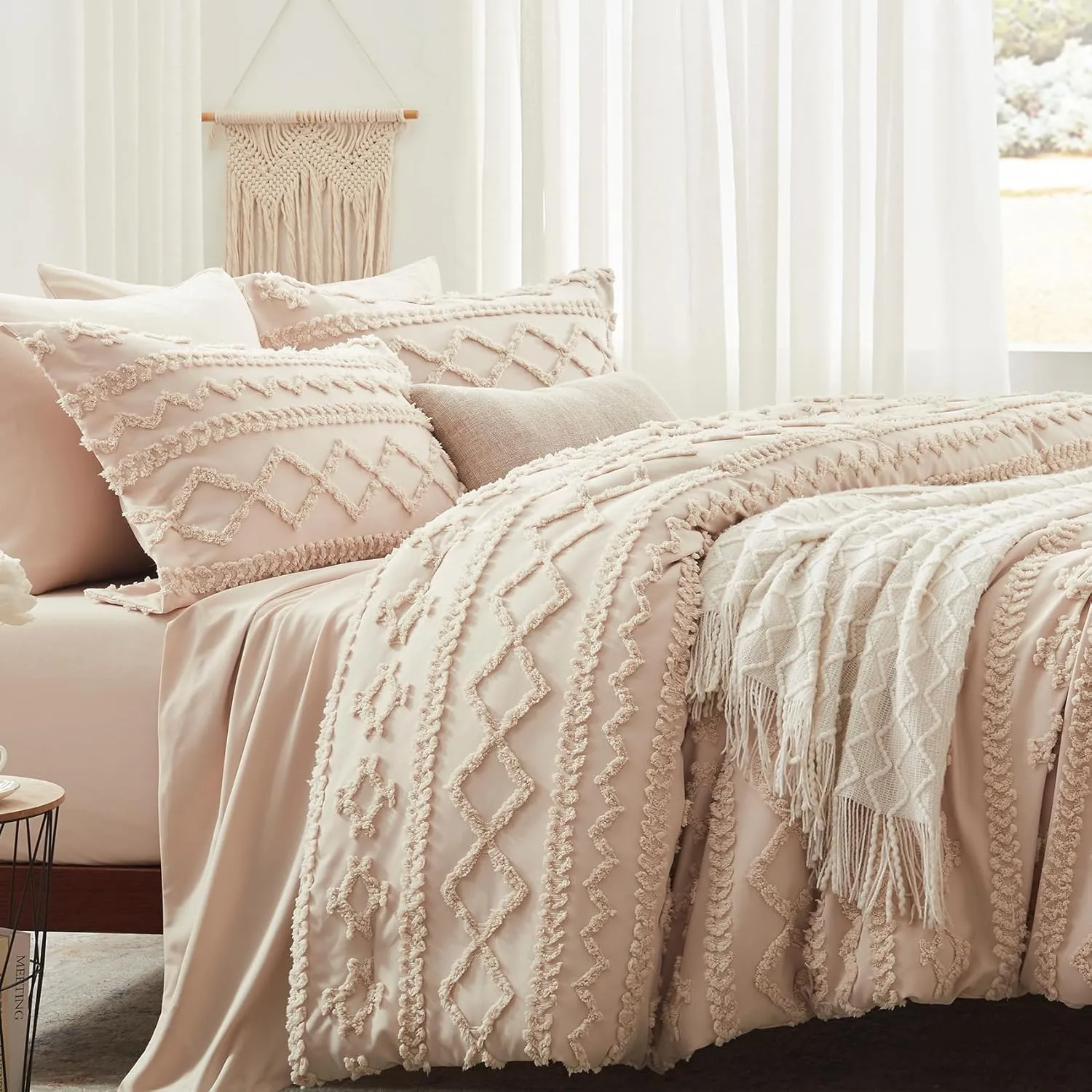 Anluoer Full Comforter Set 7 Pieces, Beige Tufted Bed in a Bag with Comforters, Pillow Shams, Pillowcases, Flat Sheet, Fitted Sheet - All Season Bedding