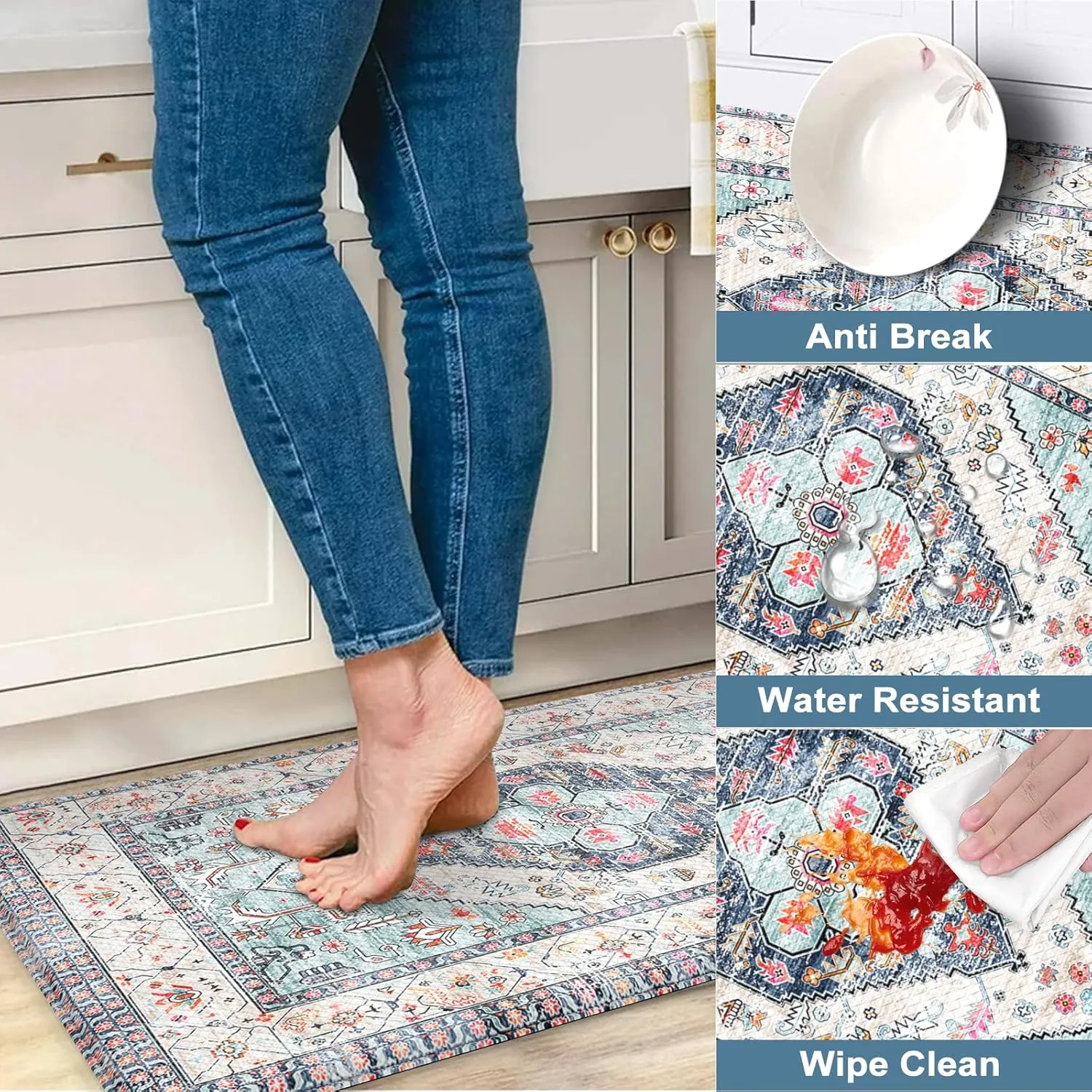 Anti Fatigue Mats for Kitchen Floor Set of 2, Waterproof Non-Skip Kitchen Rugs,Ergonomic Kitchen Floor Mats Cushioned,Comfort Foam Standing Mat for Office,Laundry Room,Sink,Counter, Desk(Blue)