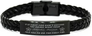 Athletic Trainer Braided Leather Bracelet, If at first you don't succeed, try doing what your athletic trainer told you to do the first time., Laser Engraved, Stainless Steel Wristband