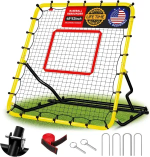 Baseball Rebound Net 48" x 52" Bounce Back Net with 3 Adjustable Angles, Anti-UV Easy Storage Baseball Fielding Trainer with 4 Stakes, Volleyball Softball Pitch Back Rebounder for Indoor Outdoor