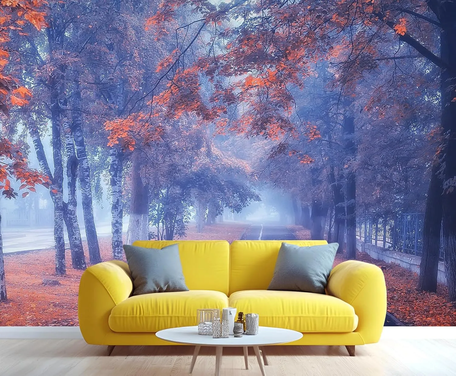 Beautiful Autumn Fall Wallpaper, Path Orange and Red Tree Accent Wallpaper Blue and Purple Sky Mural Natural Landscape Kids Wall Paper for Bedroom Living Room Wall Mural Poster Decor 137"W X 100"H