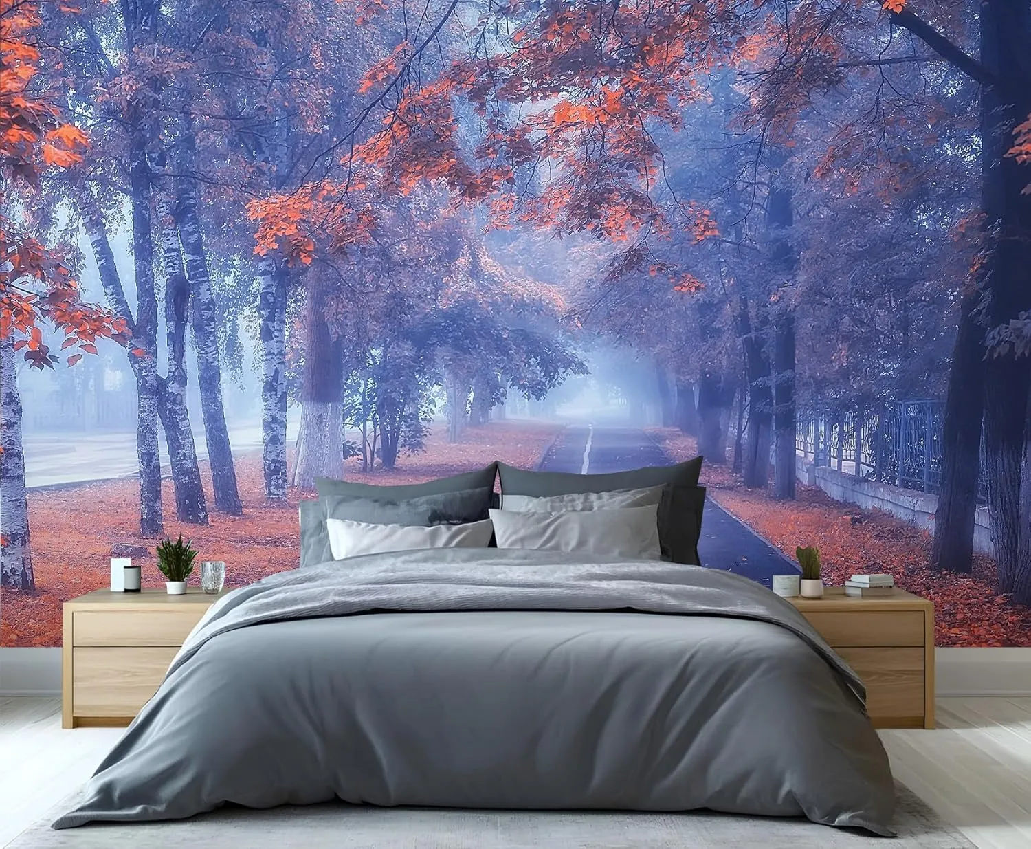 Beautiful Autumn Fall Wallpaper, Path Orange and Red Tree Accent Wallpaper Blue and Purple Sky Mural Natural Landscape Kids Wall Paper for Bedroom Living Room Wall Mural Poster Decor 137"W X 100"H