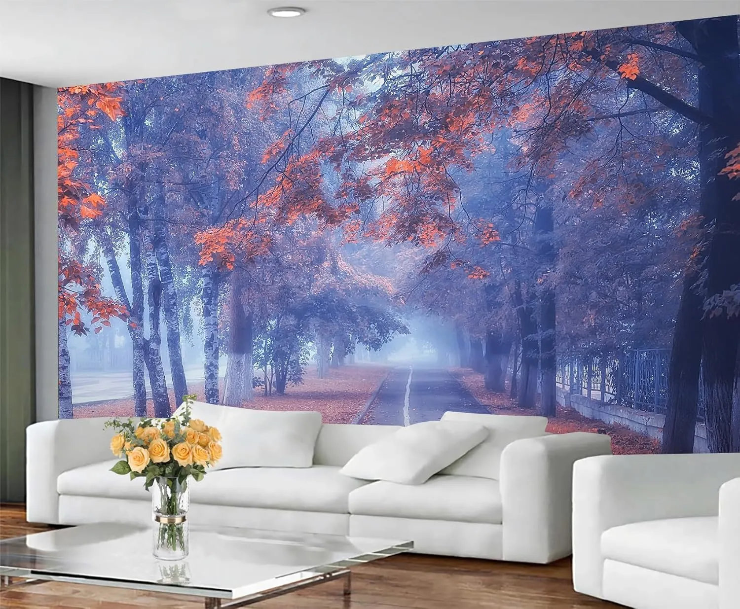 Beautiful Autumn Fall Wallpaper, Path Orange and Red Tree Accent Wallpaper Blue and Purple Sky Mural Natural Landscape Kids Wall Paper for Bedroom Living Room Wall Mural Poster Decor 137"W X 100"H