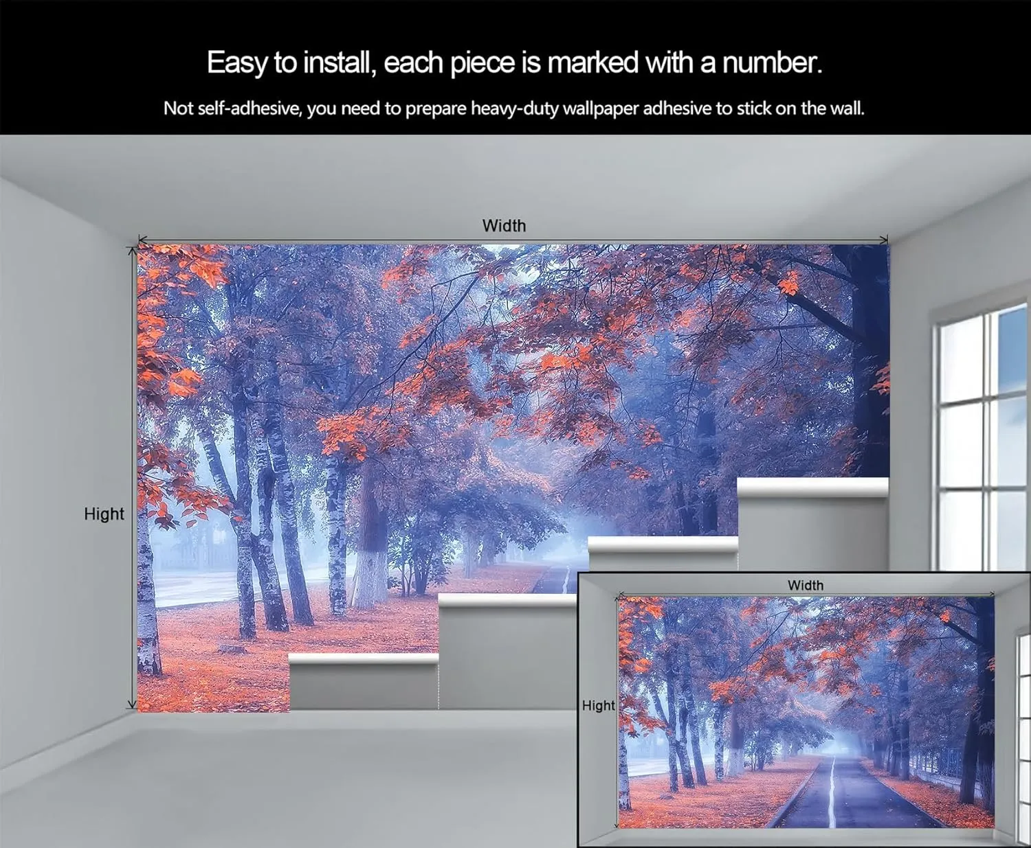 Beautiful Autumn Fall Wallpaper, Path Orange and Red Tree Accent Wallpaper Blue and Purple Sky Mural Natural Landscape Kids Wall Paper for Bedroom Living Room Wall Mural Poster Decor 137"W X 100"H