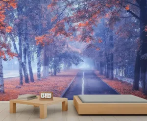 Beautiful Autumn Fall Wallpaper, Path Orange and Red Tree Accent Wallpaper Blue and Purple Sky Mural Natural Landscape Kids Wall Paper for Bedroom Living Room Wall Mural Poster Decor 137"W X 100"H