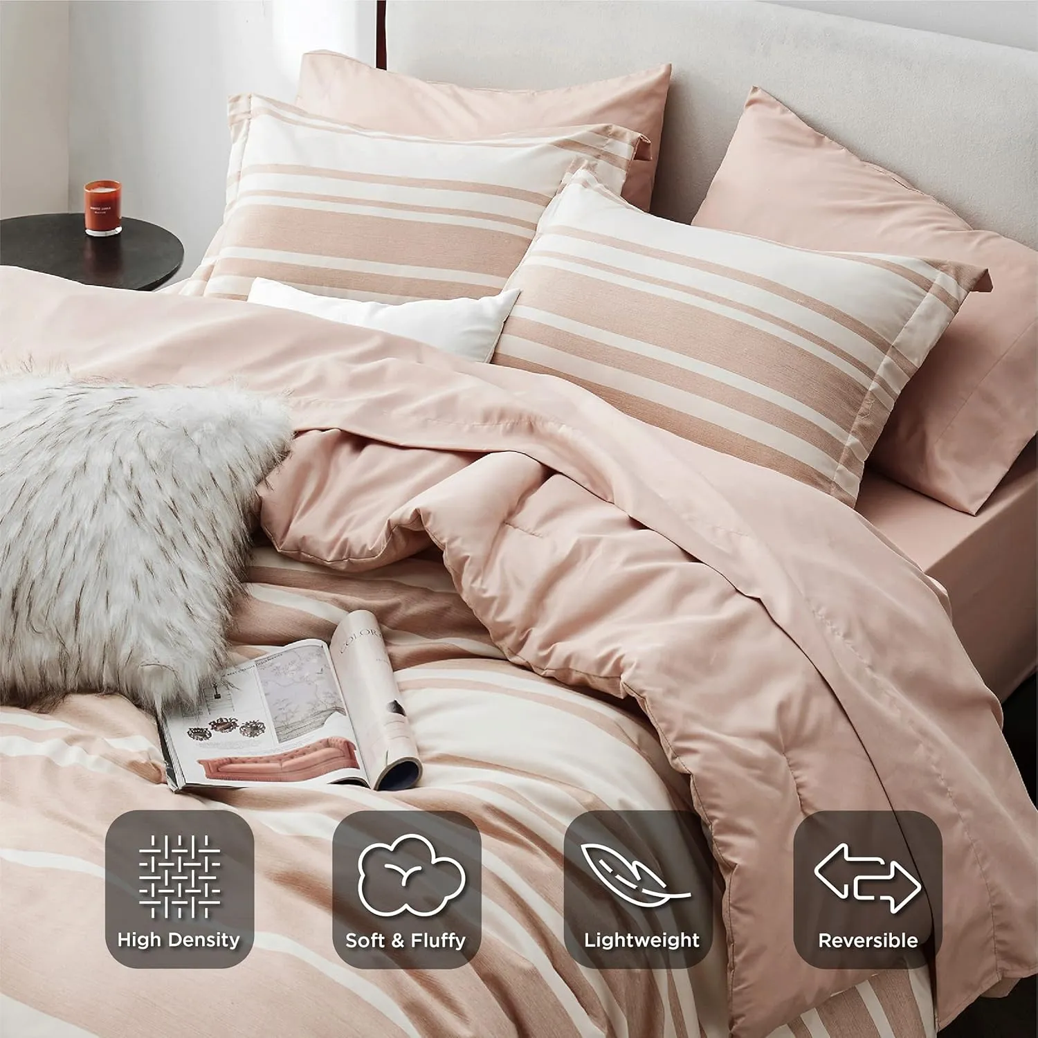 Bedsure King Comforter Set 7 Pieces, Dusty Pink Striped Bedding Set for King Size Bed Reversible, Cationic Dyeing Bed in a Bag with Comforter, Sheets, Pillowcases & Shams