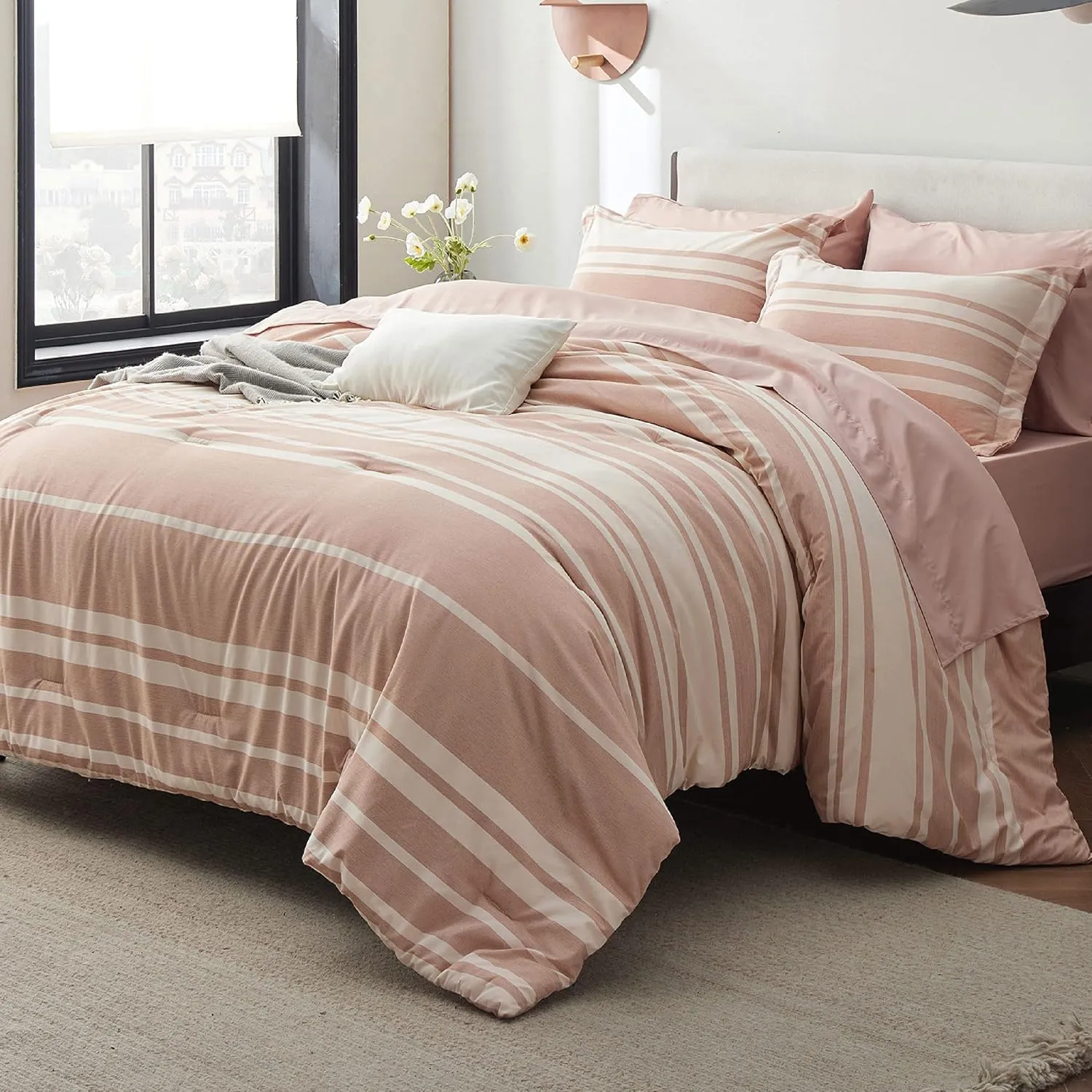Bedsure King Comforter Set 7 Pieces, Dusty Pink Striped Bedding Set for King Size Bed Reversible, Cationic Dyeing Bed in a Bag with Comforter, Sheets, Pillowcases & Shams