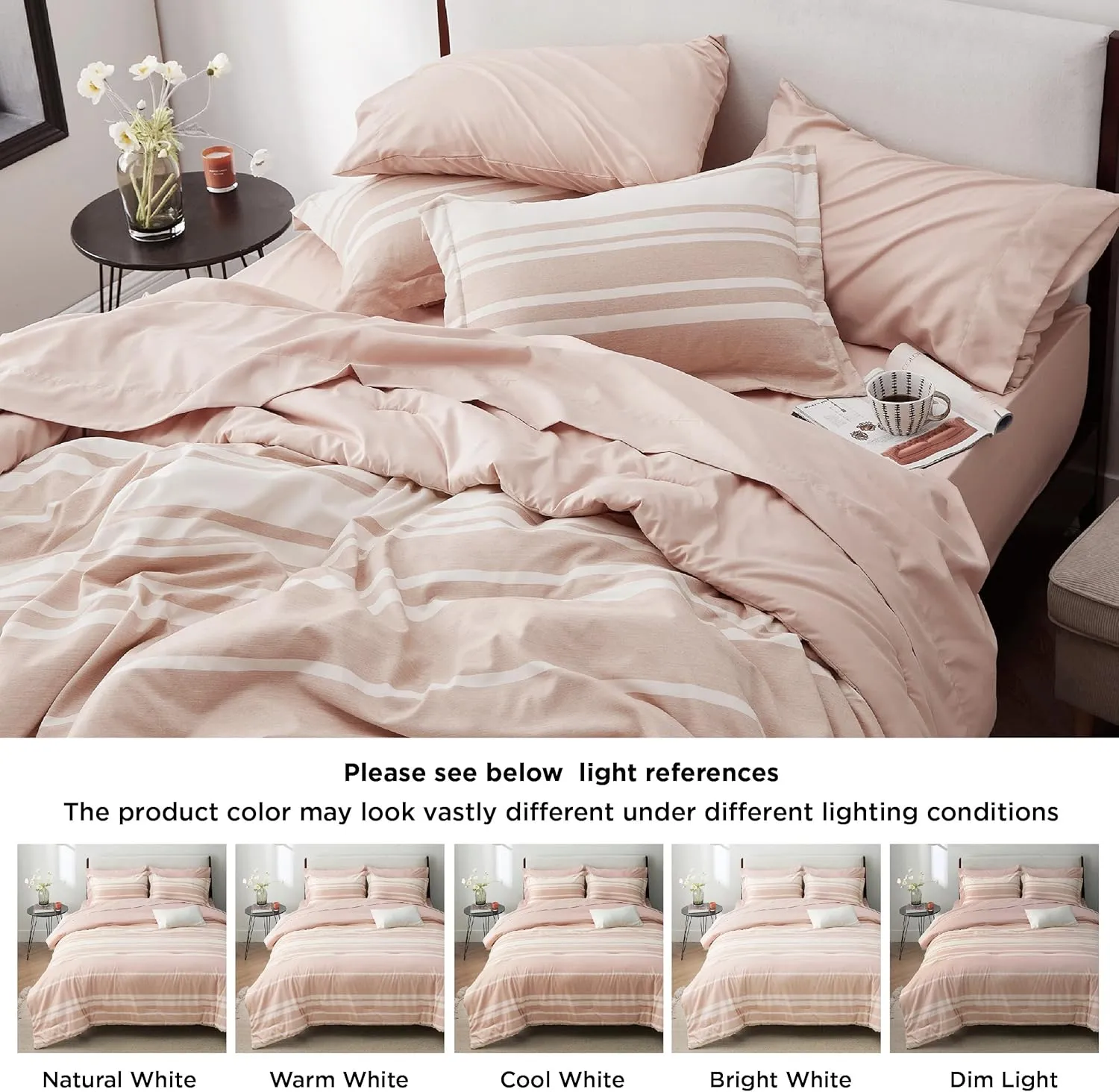 Bedsure King Comforter Set 7 Pieces, Dusty Pink Striped Bedding Set for King Size Bed Reversible, Cationic Dyeing Bed in a Bag with Comforter, Sheets, Pillowcases & Shams