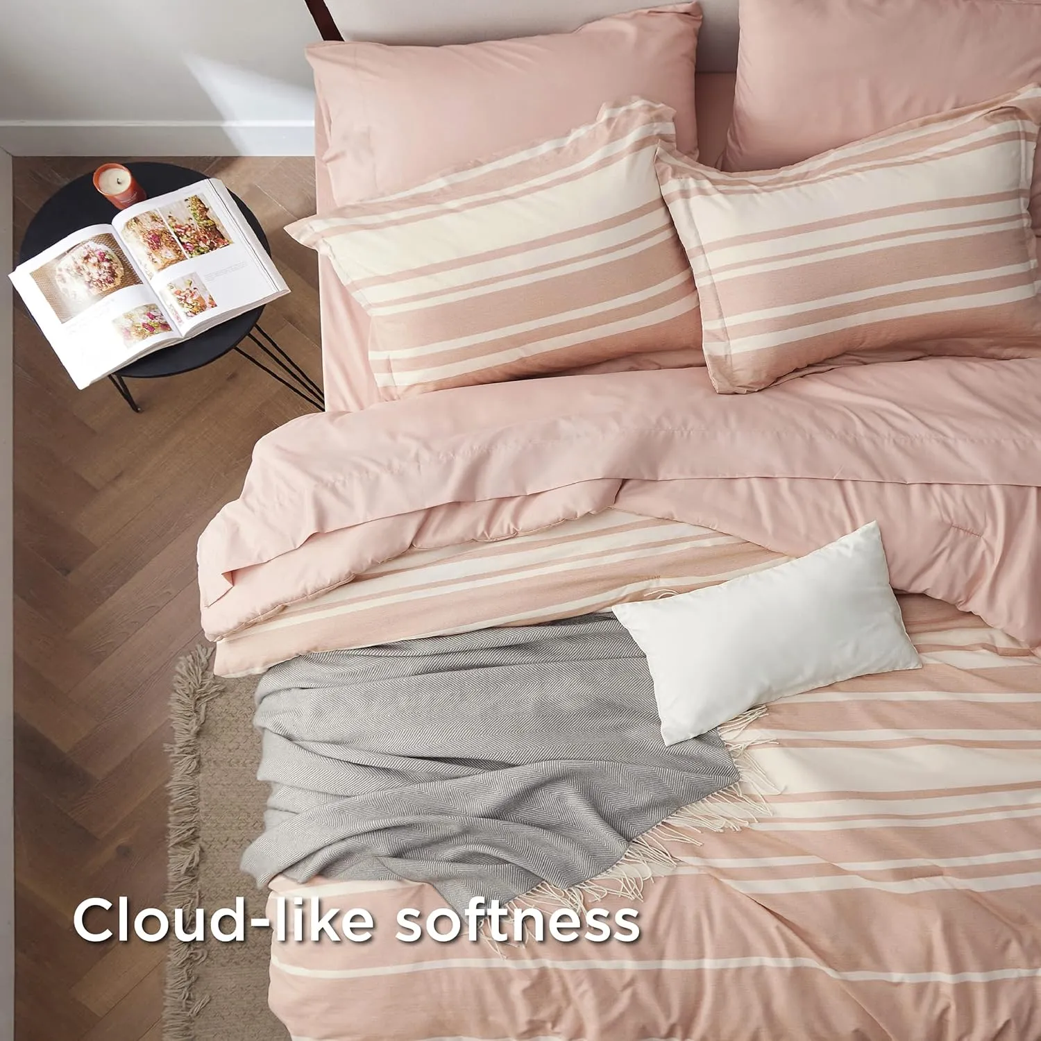 Bedsure King Comforter Set 7 Pieces, Dusty Pink Striped Bedding Set for King Size Bed Reversible, Cationic Dyeing Bed in a Bag with Comforter, Sheets, Pillowcases & Shams