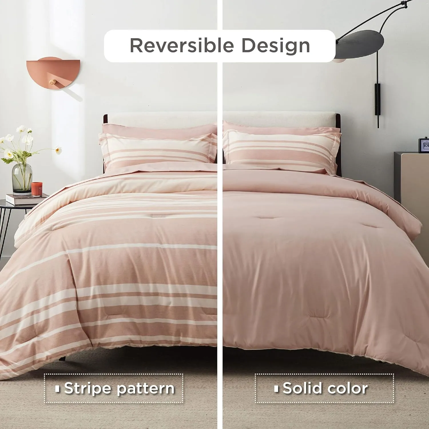 Bedsure King Comforter Set 7 Pieces, Dusty Pink Striped Bedding Set for King Size Bed Reversible, Cationic Dyeing Bed in a Bag with Comforter, Sheets, Pillowcases & Shams