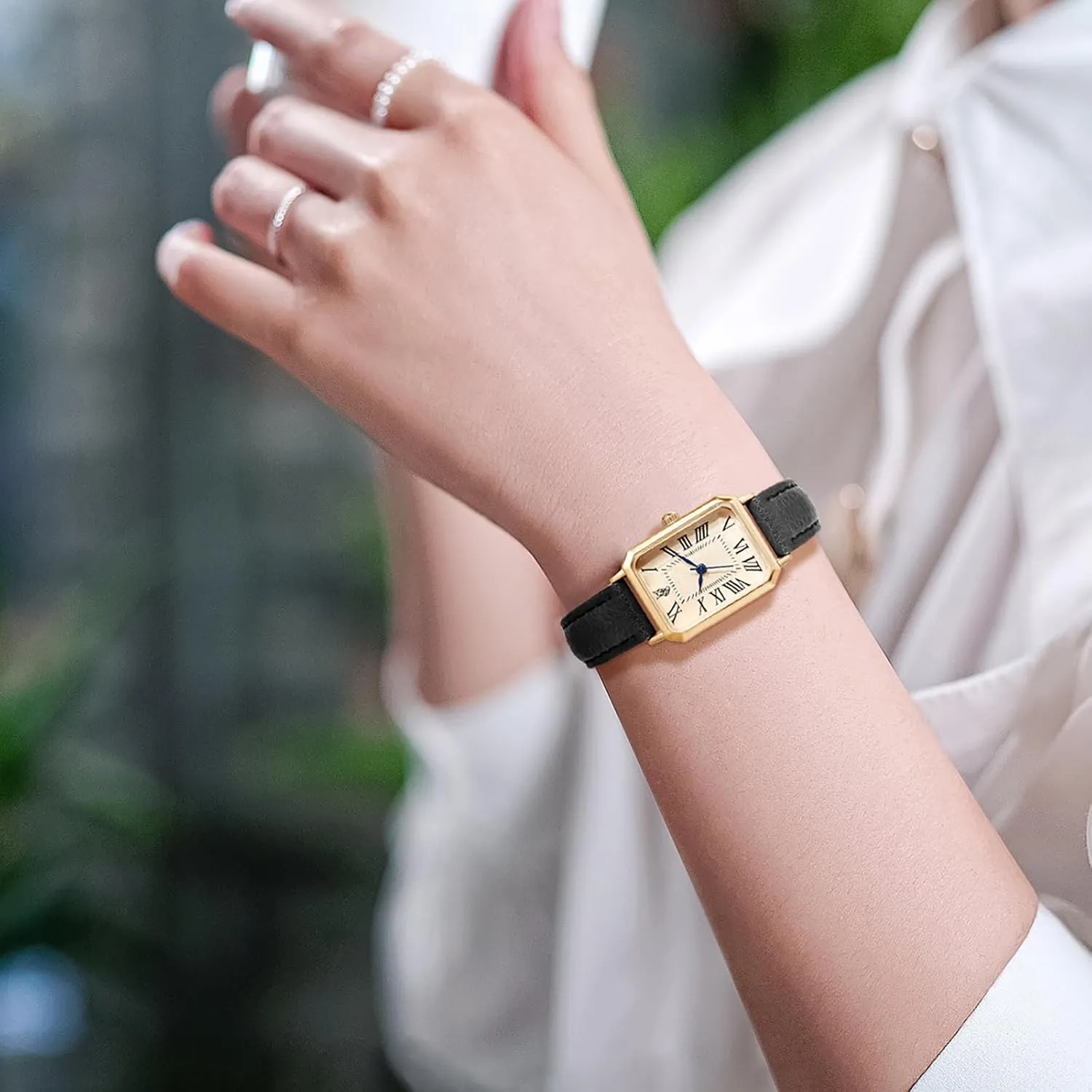 BESTKANG Leather Strap Watches for Women Elegant Dainty Ladies Watch Vintage Rectangle Women Quartz Wrist Watch