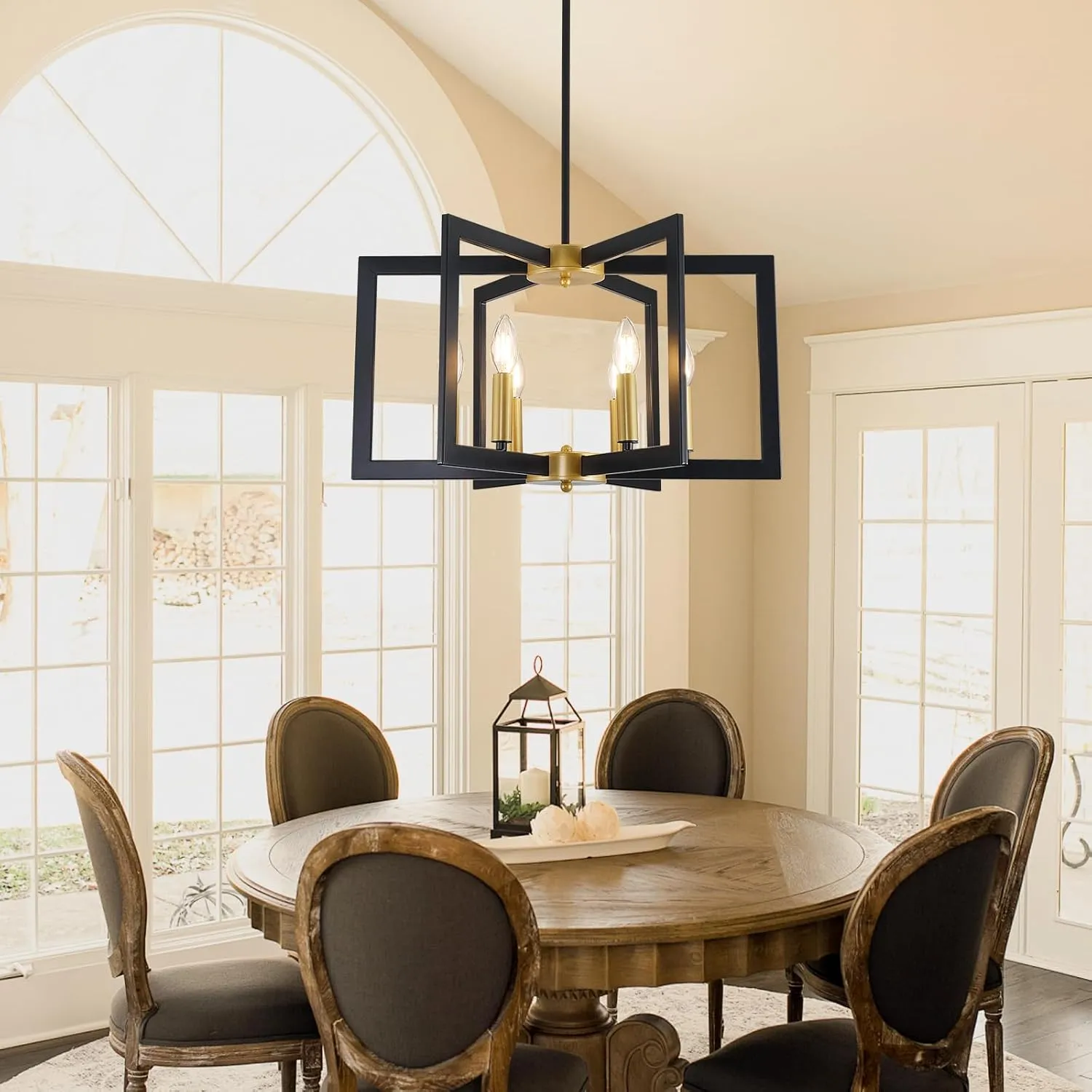 Black and Gold Chandelier, 6-Light Geometric Dining Room Fixture, Modern Industrial Foyer Lighting Fixtures, Rustic Farmhouse Hanging Pendant Lights for Living Room, Bedroom, Entryway, Kitchen Island