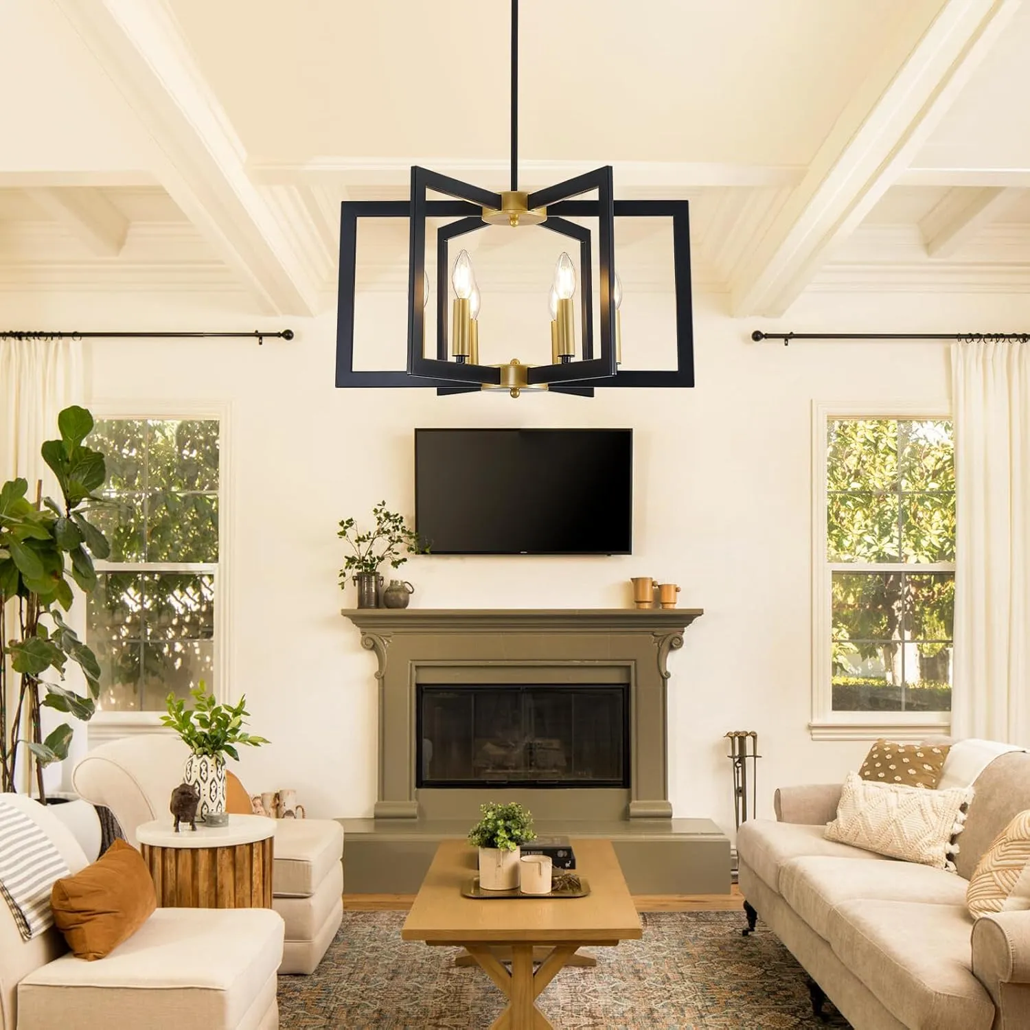 Black and Gold Chandelier, 6-Light Geometric Dining Room Fixture, Modern Industrial Foyer Lighting Fixtures, Rustic Farmhouse Hanging Pendant Lights for Living Room, Bedroom, Entryway, Kitchen Island
