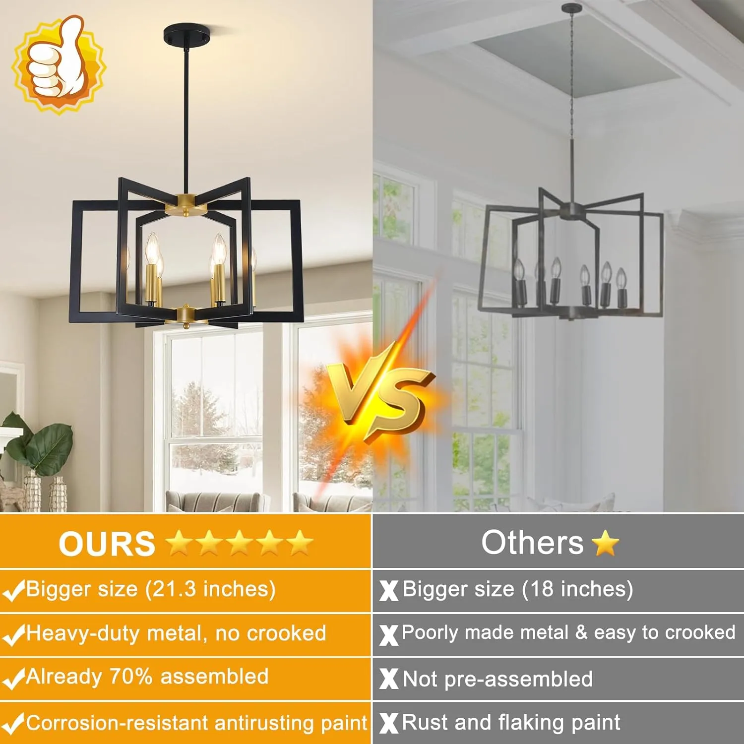 Black and Gold Chandelier, 6-Light Geometric Dining Room Fixture, Modern Industrial Foyer Lighting Fixtures, Rustic Farmhouse Hanging Pendant Lights for Living Room, Bedroom, Entryway, Kitchen Island