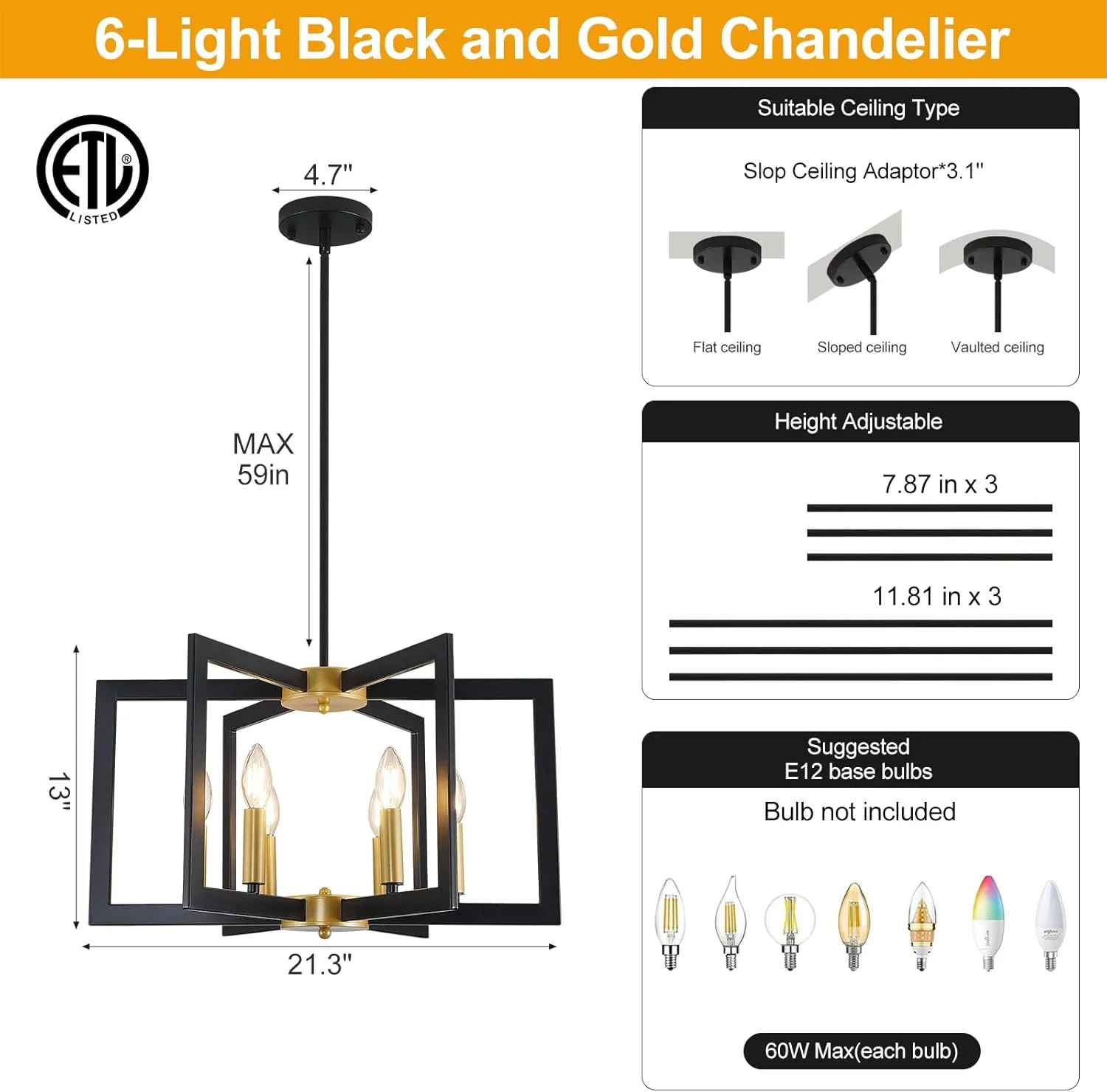 Black and Gold Chandelier, 6-Light Geometric Dining Room Fixture, Modern Industrial Foyer Lighting Fixtures, Rustic Farmhouse Hanging Pendant Lights for Living Room, Bedroom, Entryway, Kitchen Island