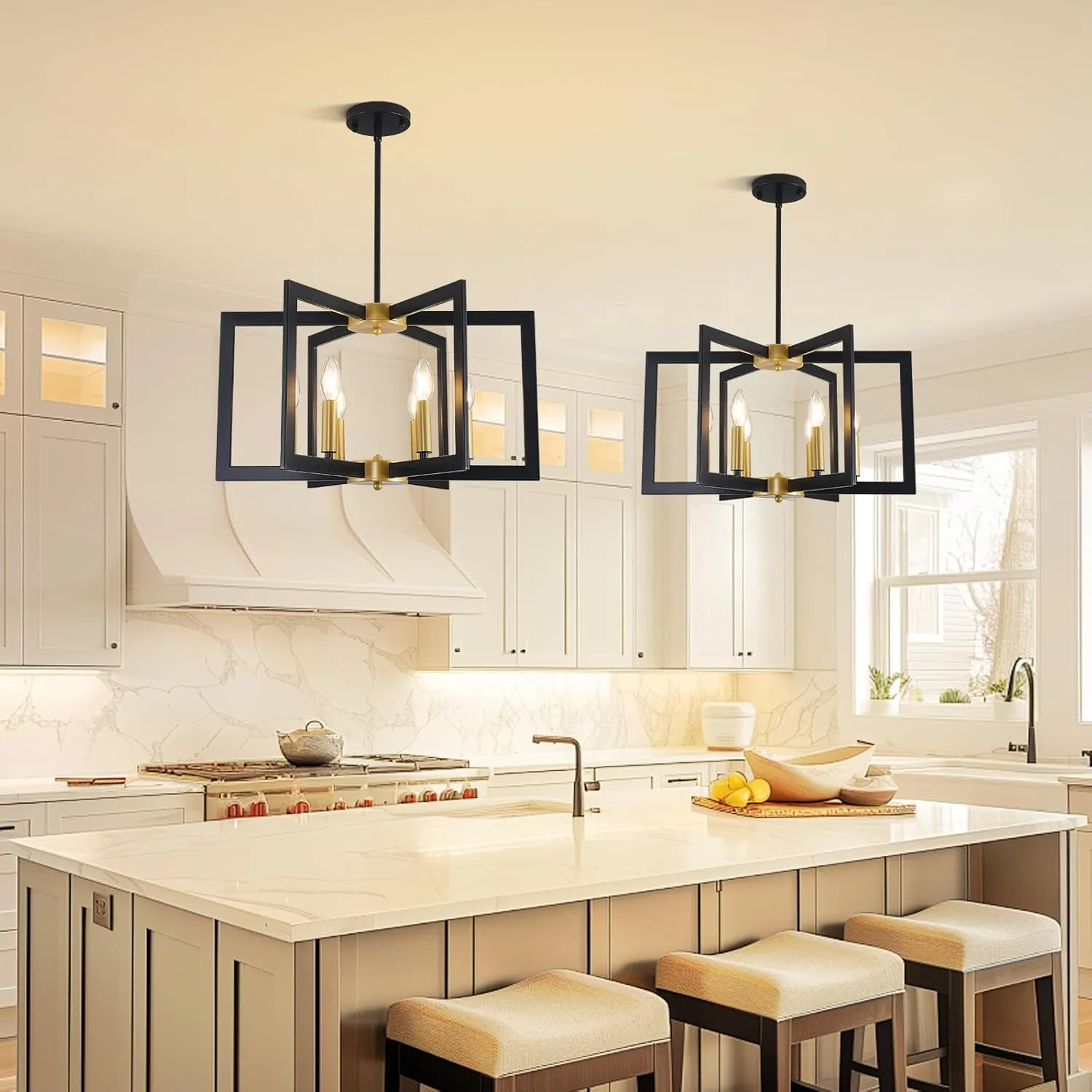 Black and Gold Chandelier, 6-Light Geometric Dining Room Fixture, Modern Industrial Foyer Lighting Fixtures, Rustic Farmhouse Hanging Pendant Lights for Living Room, Bedroom, Entryway, Kitchen Island