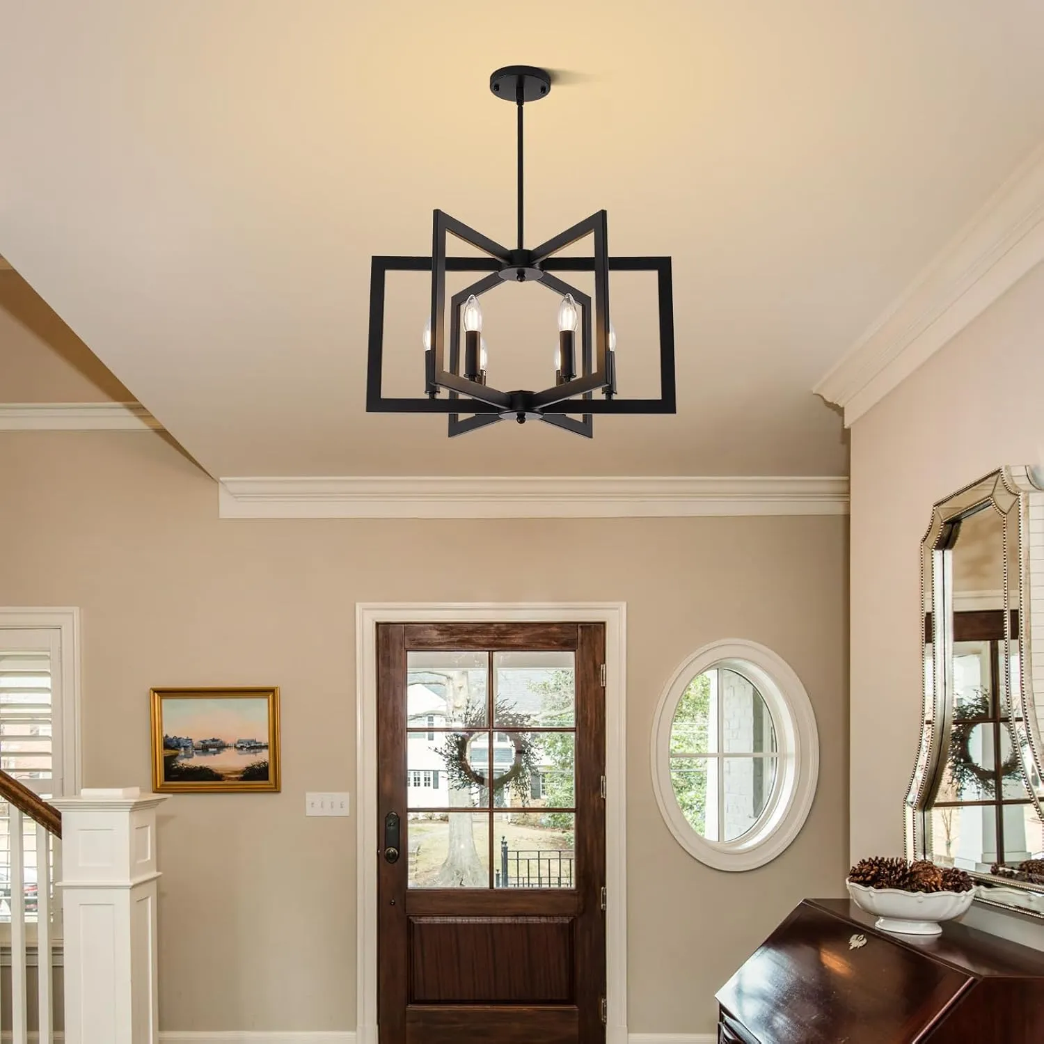 Black Farmhouse Chandelier, 6-Light Geometric Dining Room Fixture, Modern Industrial Foyer Lighting Fixtures, Rustic Farmhouse Hanging Pendant Lights for Living Room, Bedroom, Entryway, Kitchen Island