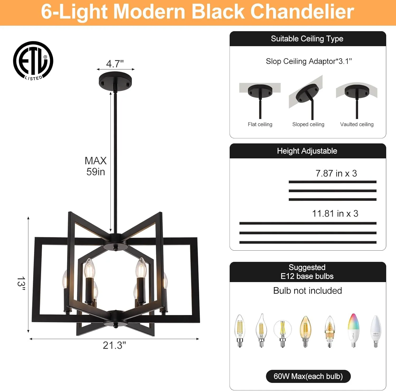 Black Farmhouse Chandelier, 6-Light Geometric Dining Room Fixture, Modern Industrial Foyer Lighting Fixtures, Rustic Farmhouse Hanging Pendant Lights for Living Room, Bedroom, Entryway, Kitchen Island