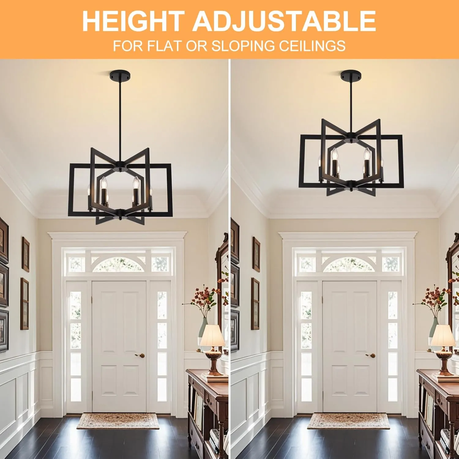Black Farmhouse Chandelier, 6-Light Geometric Dining Room Fixture, Modern Industrial Foyer Lighting Fixtures, Rustic Farmhouse Hanging Pendant Lights for Living Room, Bedroom, Entryway, Kitchen Island