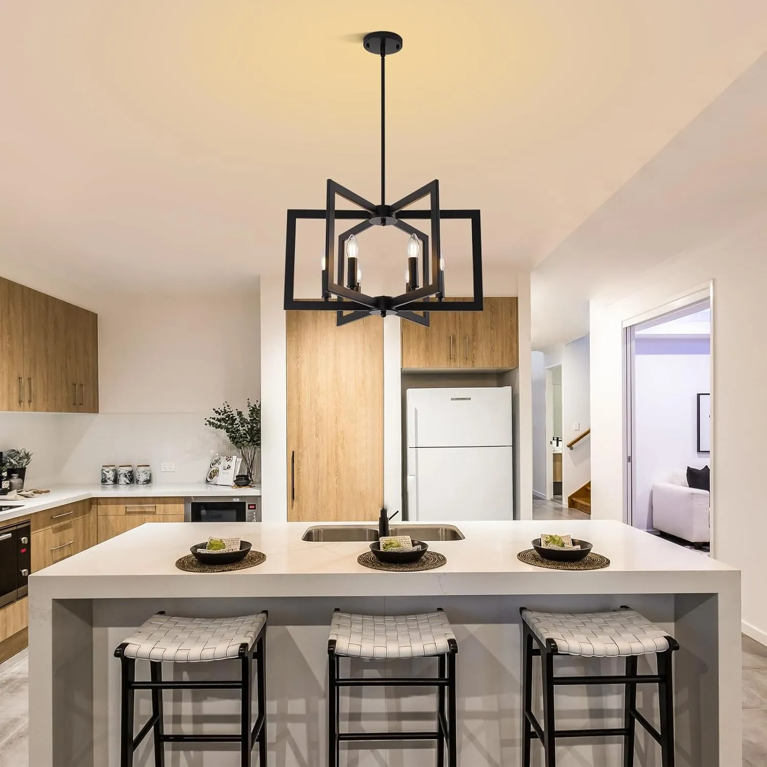 Black Farmhouse Chandelier, 6-Light Geometric Dining Room Fixture, Modern Industrial Foyer Lighting Fixtures, Rustic Farmhouse Hanging Pendant Lights for Living Room, Bedroom, Entryway, Kitchen Island